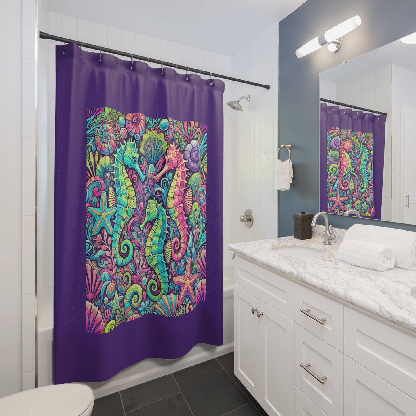 Tropical Shower Curtain - Rainforest Bathroom Decor / Seahorse Trio/Purple