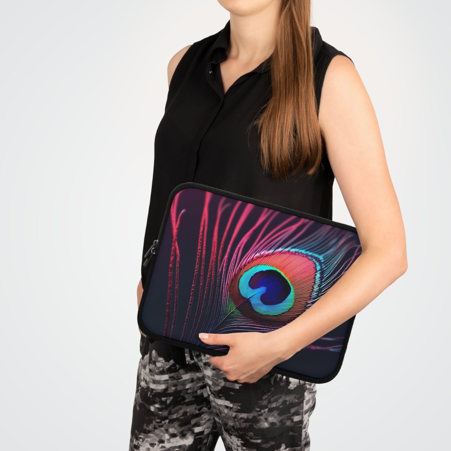Tropical Laptop Sleeve, 5 Sizes - Perfect for Beach Lovers & Students / Peacock Eye Feather, Magenta