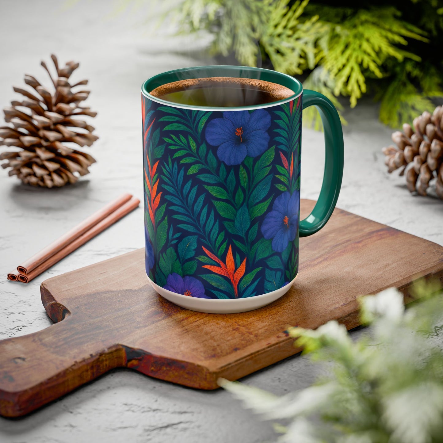 Vibrant Floral Coffee Mug - 11oz & 15oz / Midnight Flower Coral