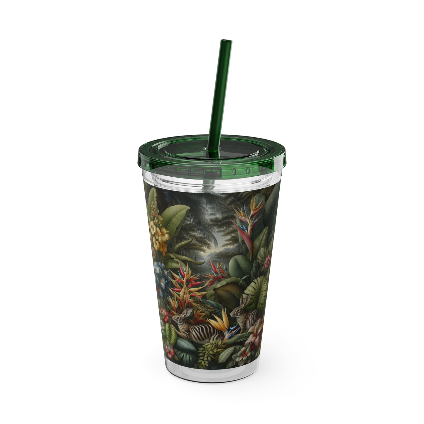 Tropical Tumbler with Straw | 16oz Colorful Travel Cup / Rainforest Rabbit Outing