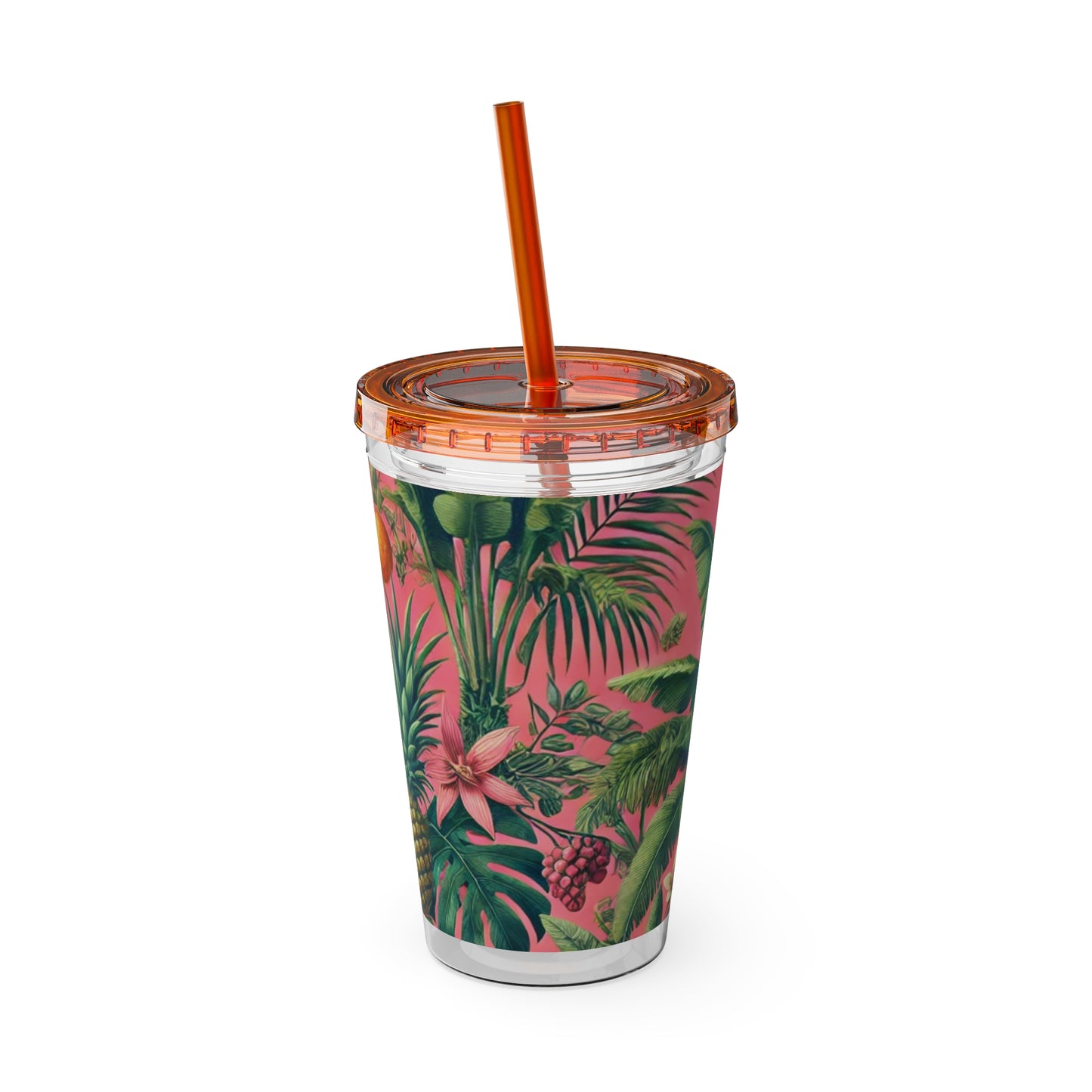 Tropical Tumbler with Straw | 16oz Colorful Travel Cup / More Tropical Fruit, Coral