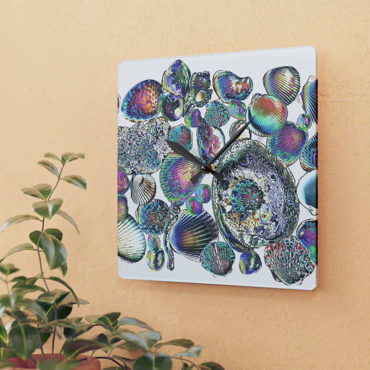 Acrylic Wall Clock - Tropical Decor for Home and Office / Heatwave Seashell Collection / White Background