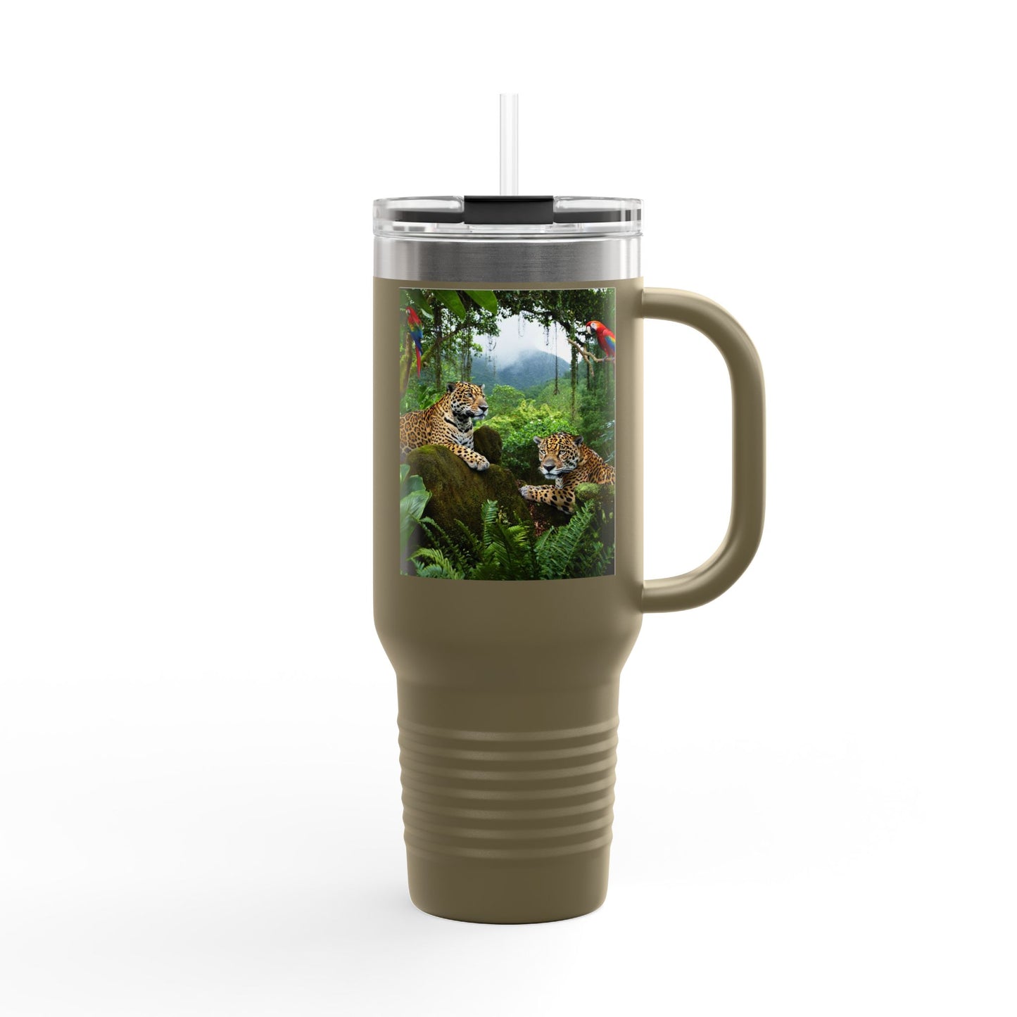 Insulated Travel Mug, 40oz / Jaguars and Parrots - Perfect for Outdoor Adventures