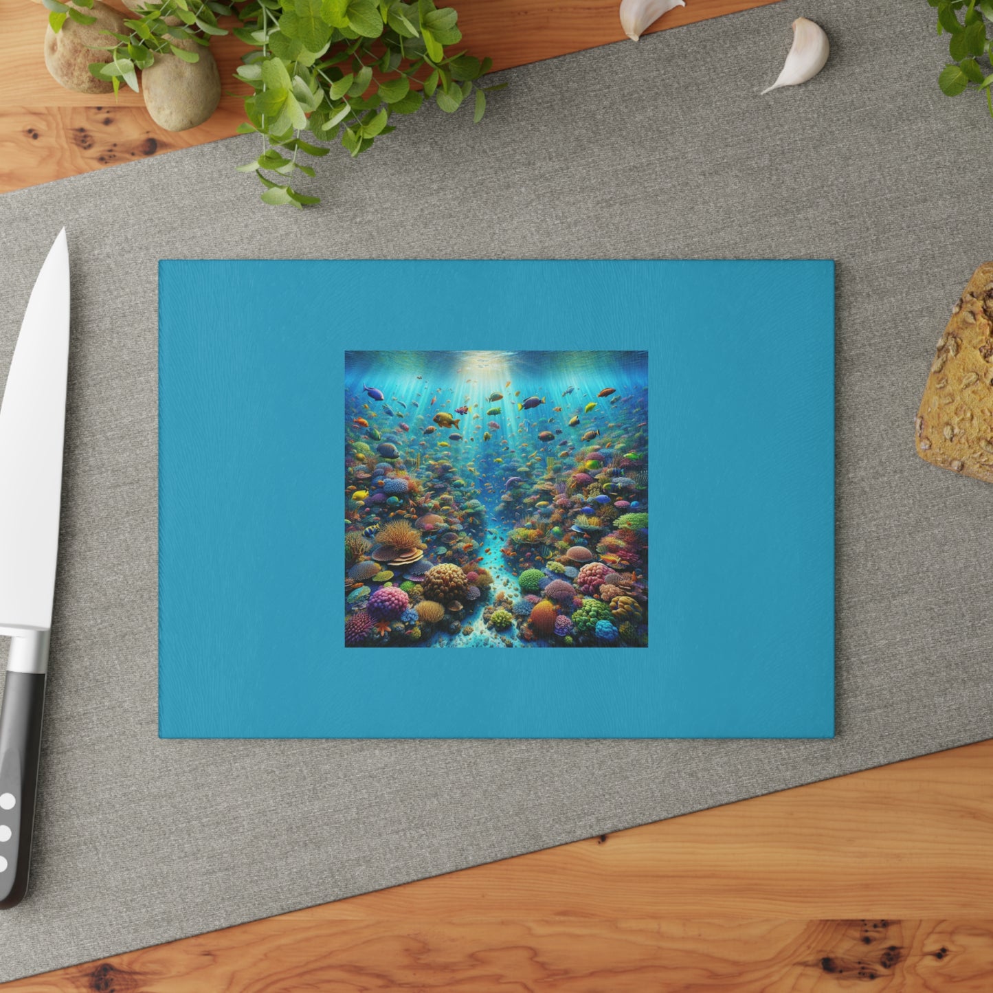 Glass Cutting Board, 2 sizes - Busy Coral Reef/Turquoise