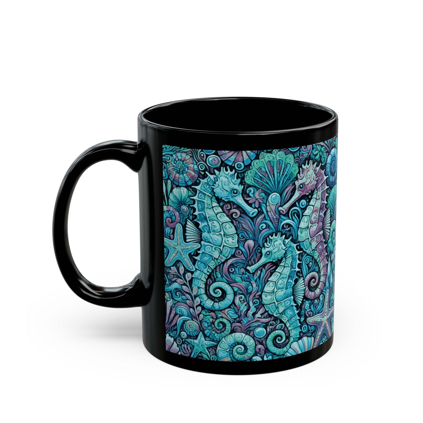 Black Coffee Mug - Seahorse Party, Turquoise
