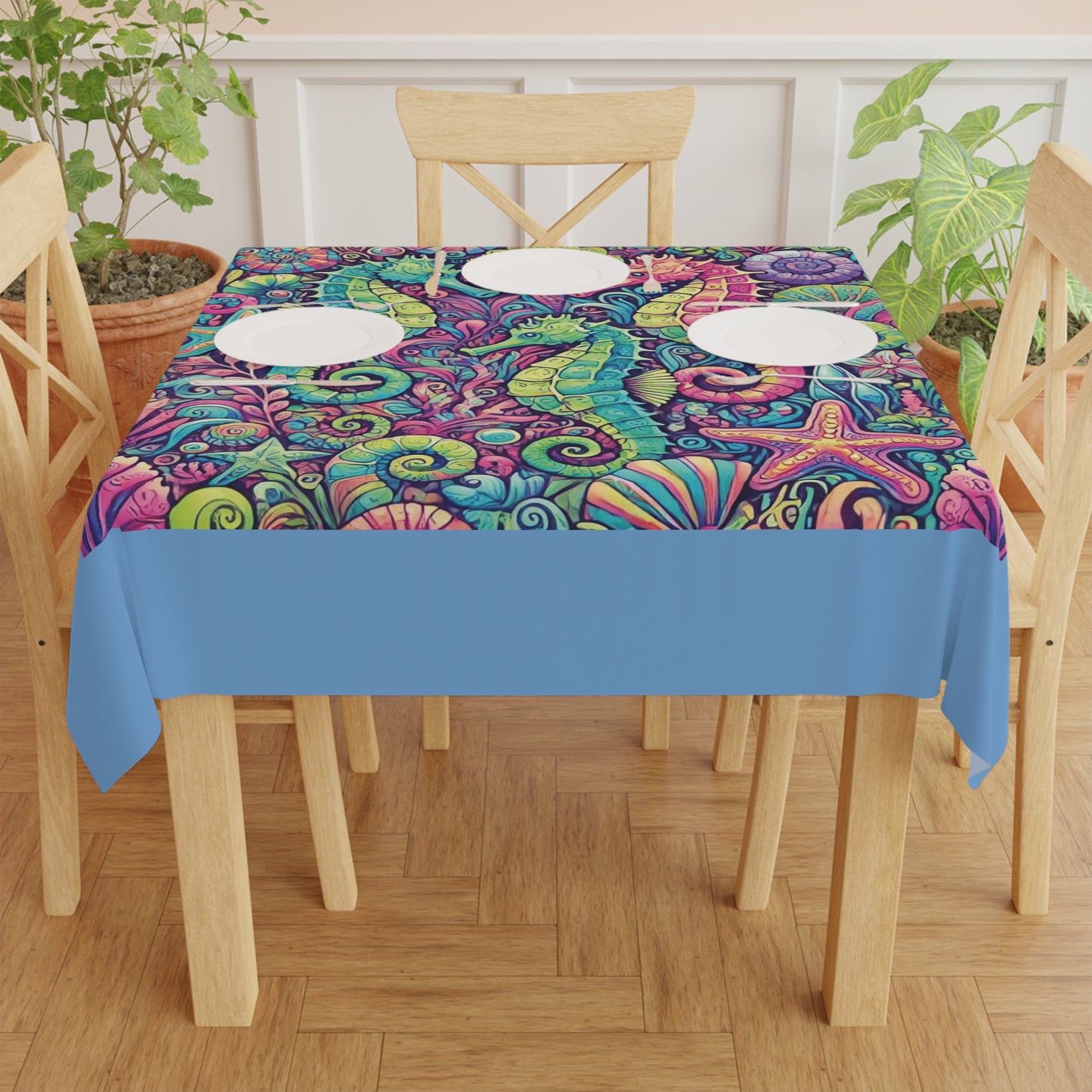 Seahorse Trio/Lt. Blue ~ Square Tablecloth, 55" x 55"