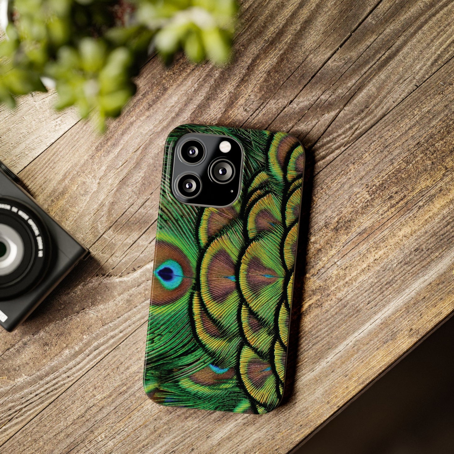 Slim Phone Cases - Brilliant Green Peacock Feathers