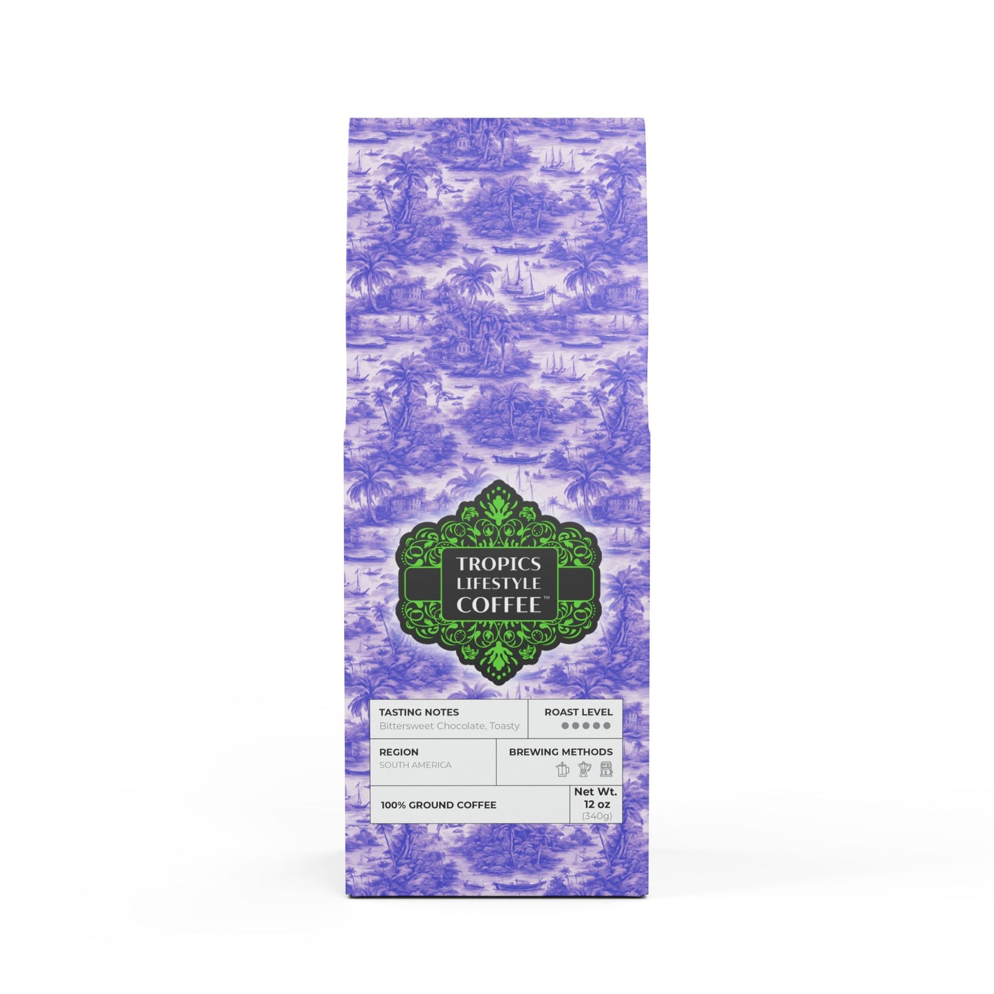 Black Coral Blend™ (Dark French Roast) Specialty Grade Craft Coffee / Tropical Toile, Purple