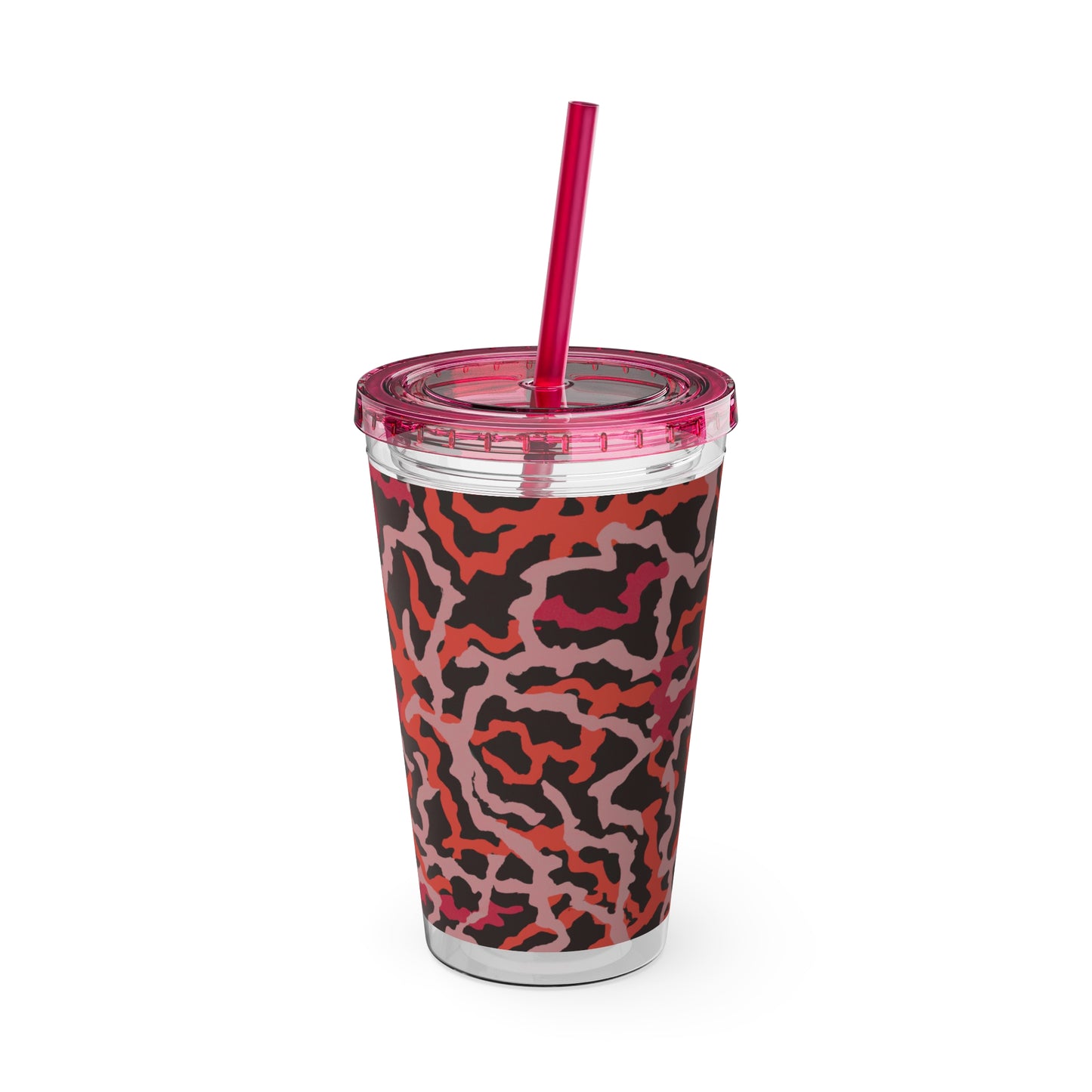 Tropical Tumbler with Straw | 16oz Colorful Travel Cup / Coral Threads, Red