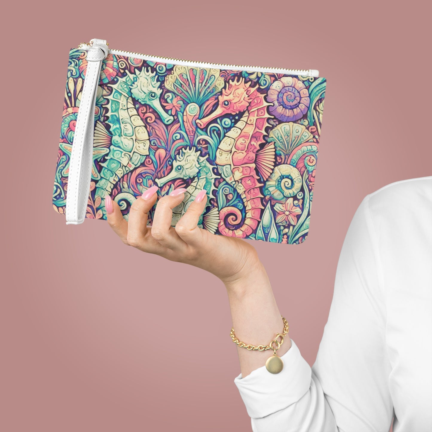 Tropical Faux Leather Clutch Bag - Perfect for Beach Adventures & Summer Vacations / Seahorse Trio, Retro