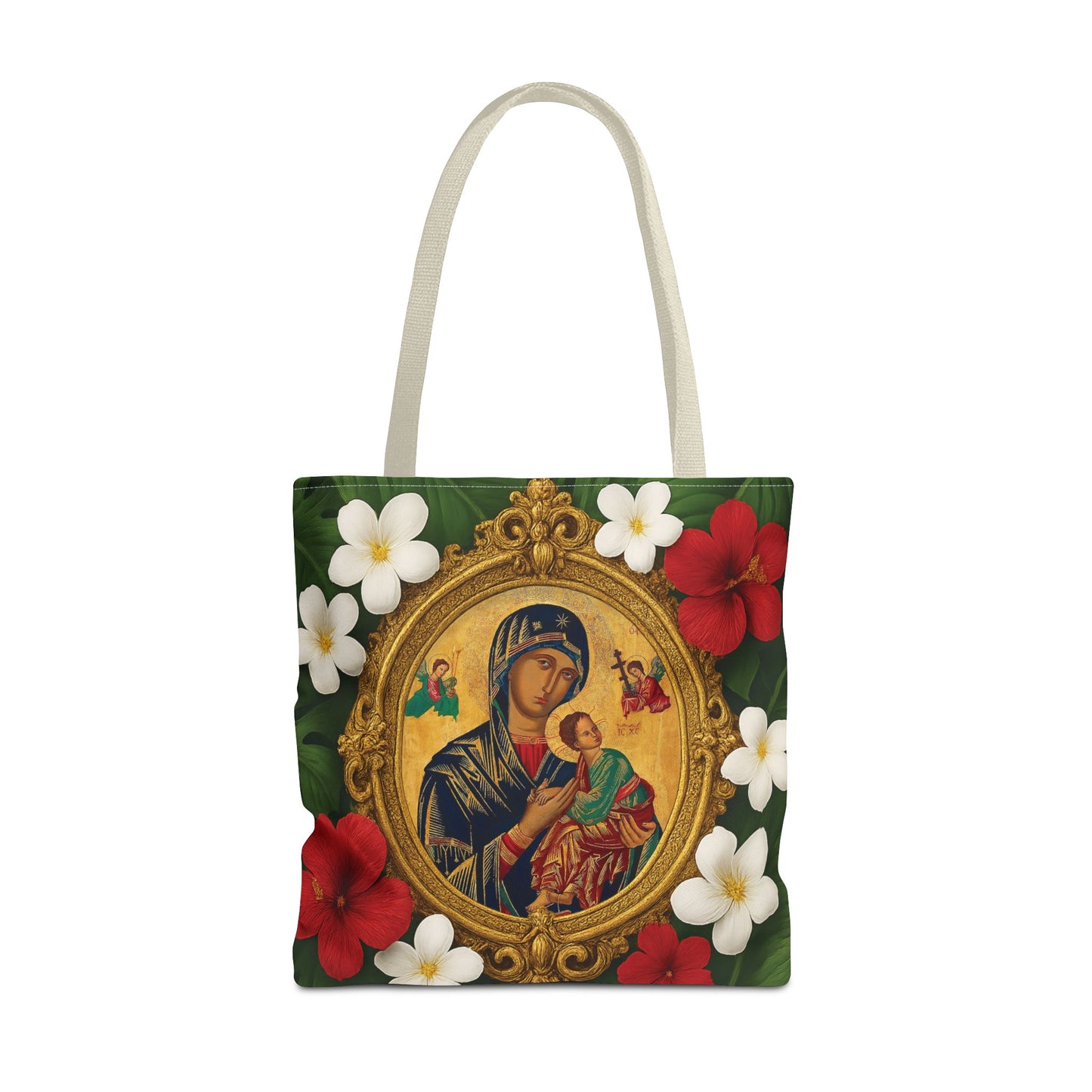 Religious Art Polyester Tote Bag, 3 Sizes / Our Lady of Perpetual Help, Red Flowers