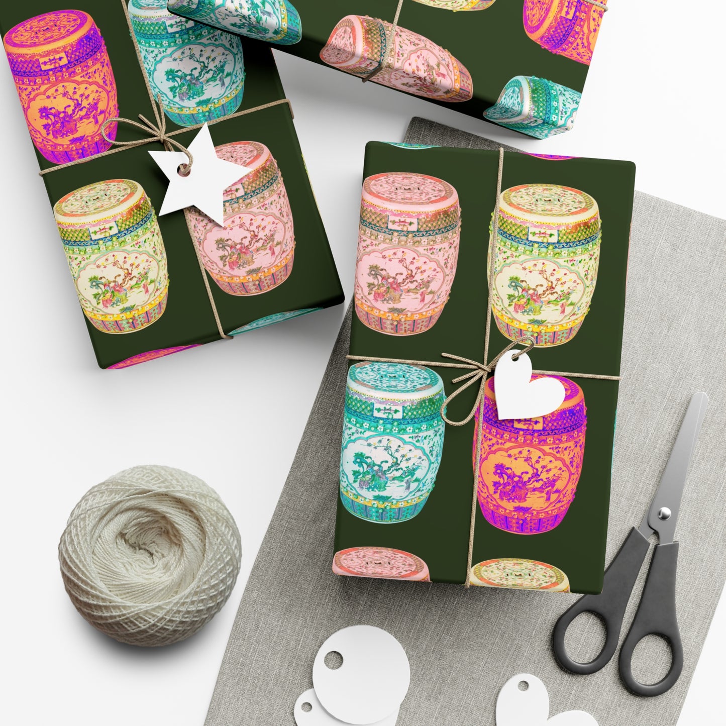 Wrapping Paper - Tropical Gift Wrap for All Occasions / 3 Sizes, 2 Finishes / Pop Art Porcelain Stools, Black