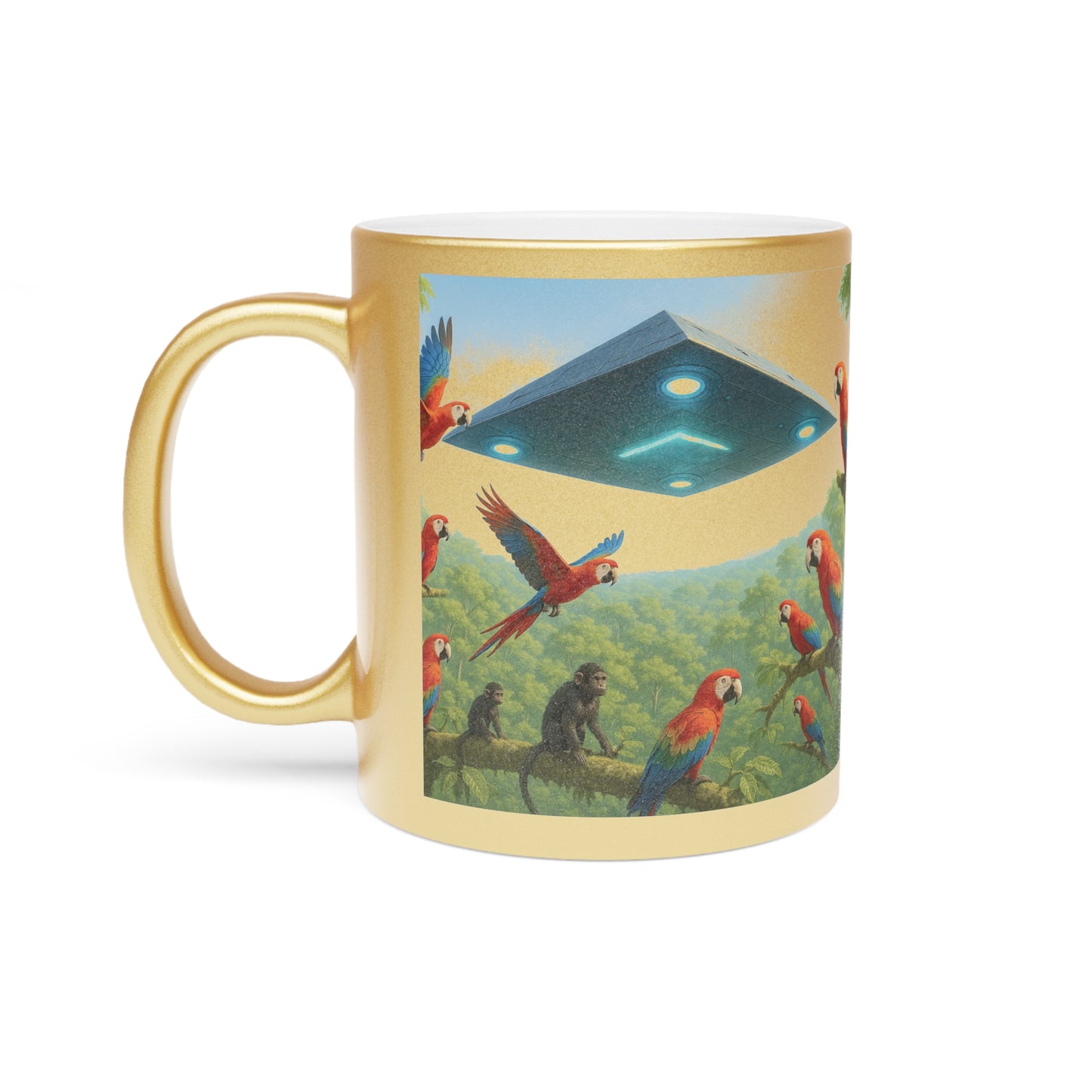 Tropical Metallic Mug, Gold or Silver: UFO and Parrots