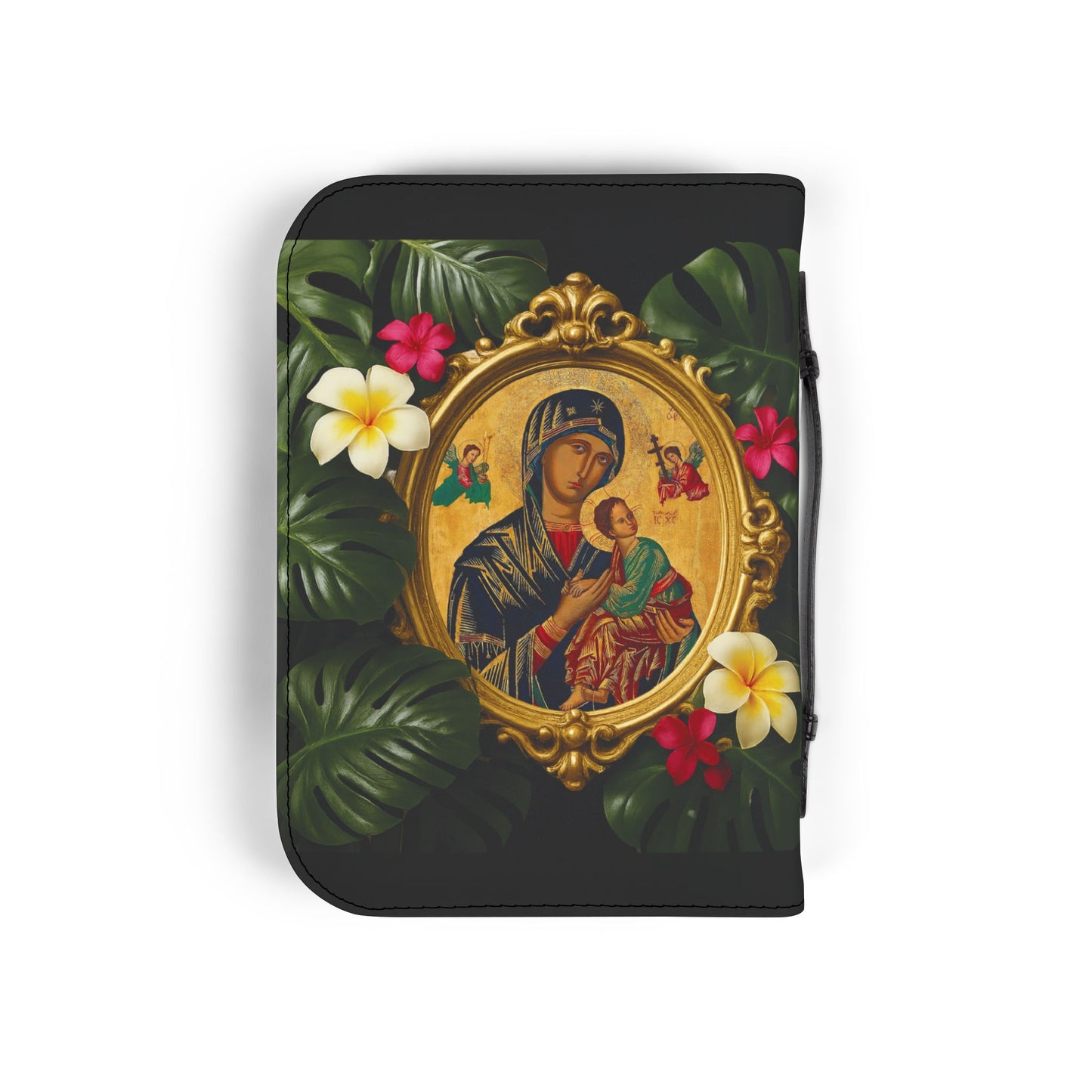 Tropical Bible Cover, Our Lady of Perpetual Help Black / Floral Bible Protector, Church Accessories