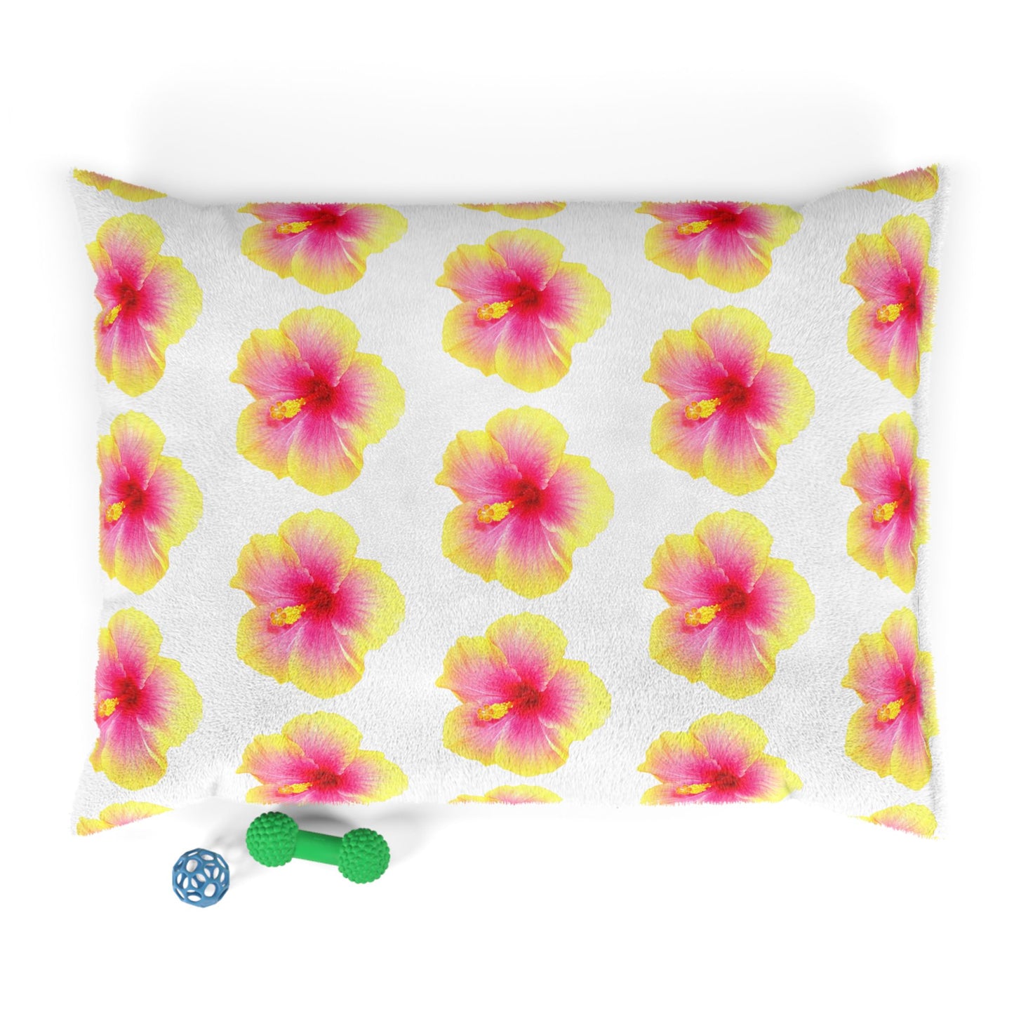 Pet Bed - Cozy and Fun Dog or Cat Bed for Beach Lovers / Real Yellow & Pink Hibiscus