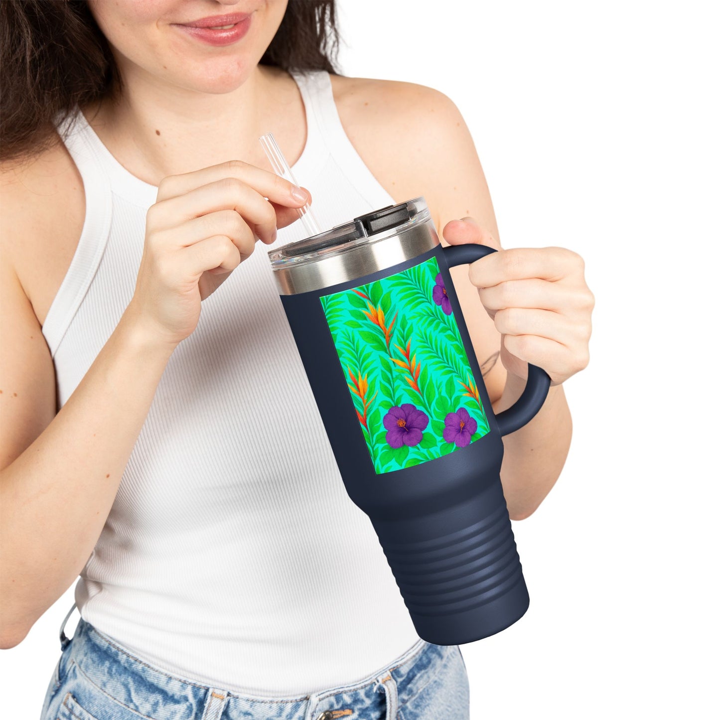 Midnight Flower Green Insulated Travel Mug - 40oz - Perfect for Outdoor Adventures