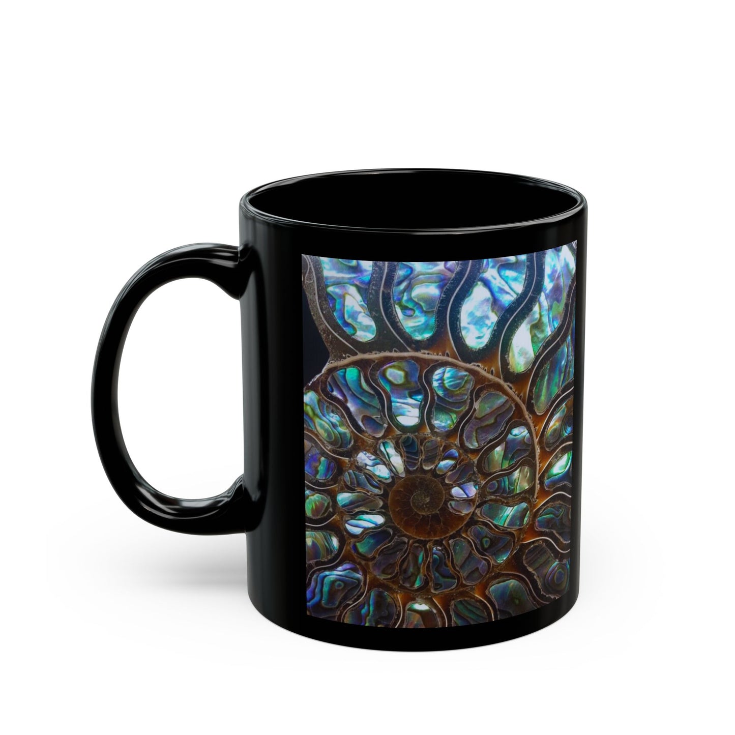 Black Mug (11oz, 15oz), Ammonite & Abalone