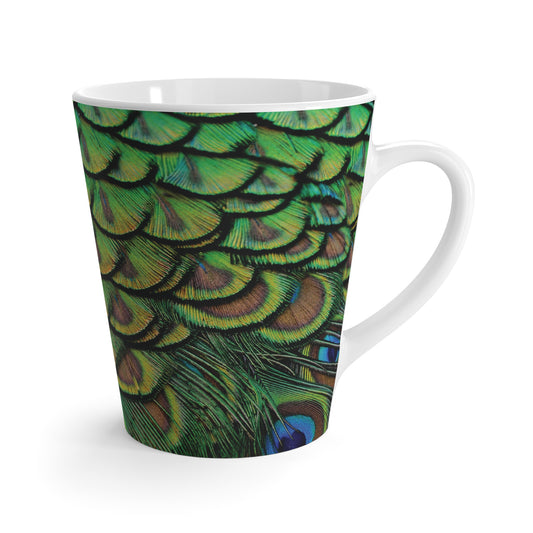 Latte White Mug - Perfect for Coffee Enthusiasts / Brilliant Green Peacock Feathers