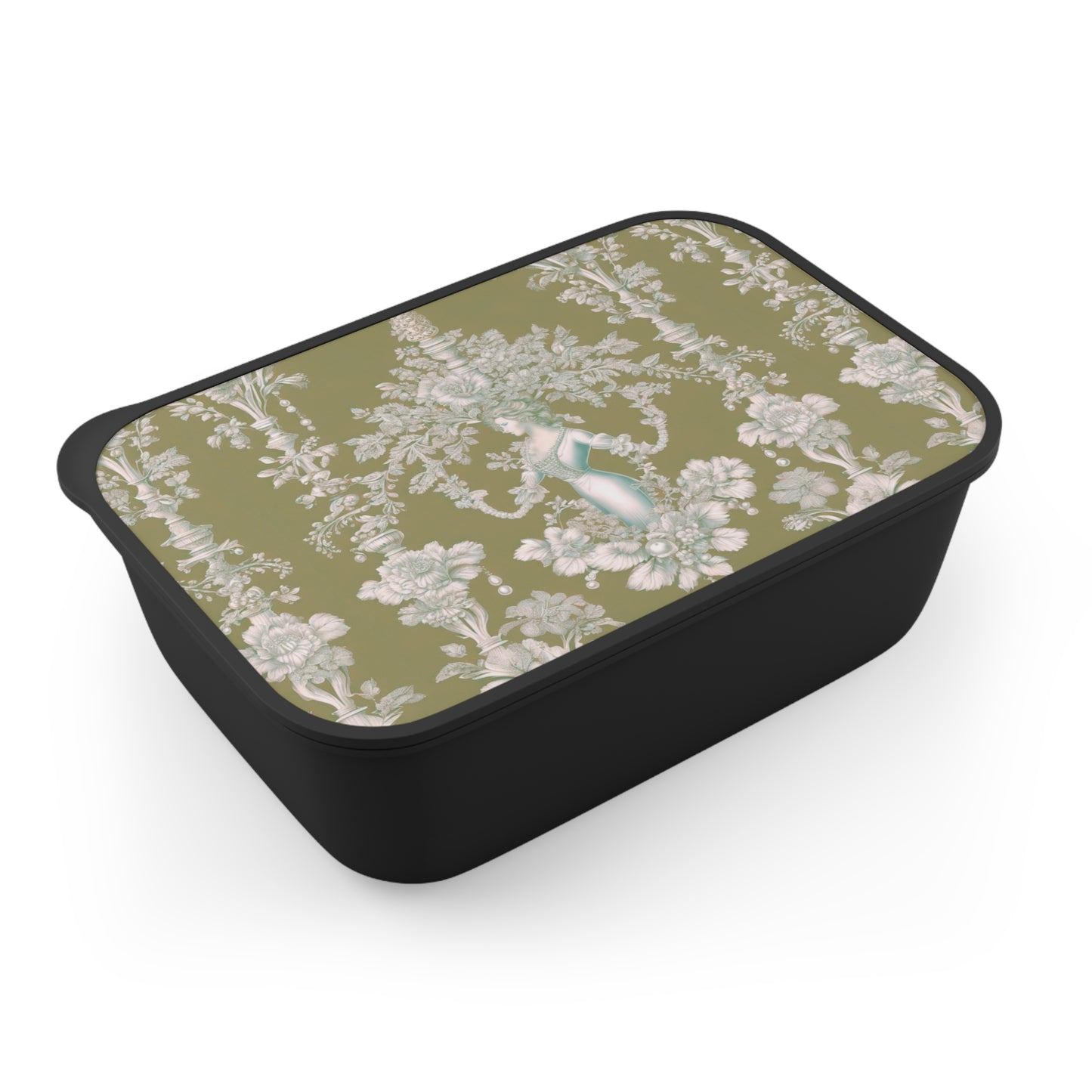 Bento Box with Utensils - Pearl Lady Toile, highborn green