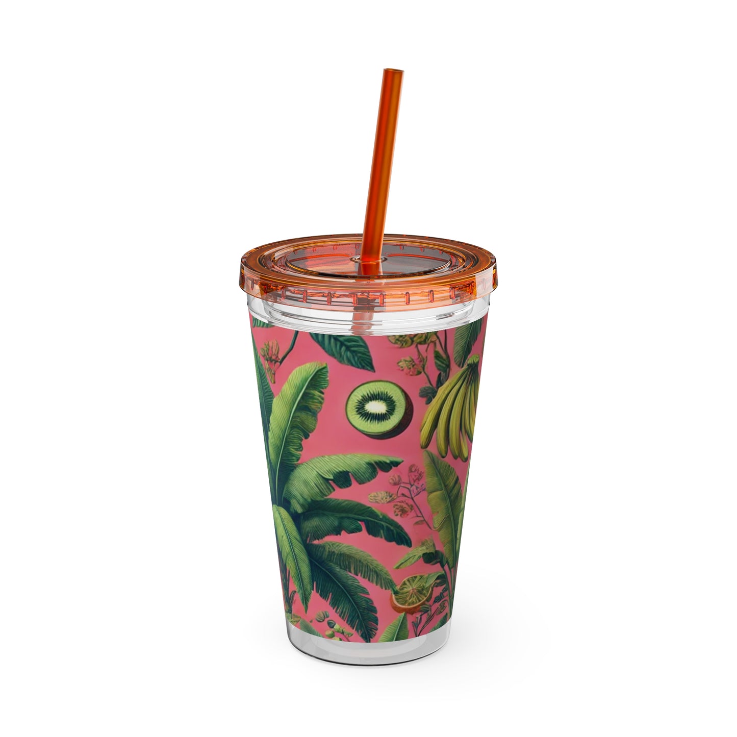 Tropical Tumbler with Straw | 16oz Colorful Travel Cup / More Tropical Fruit, Coral
