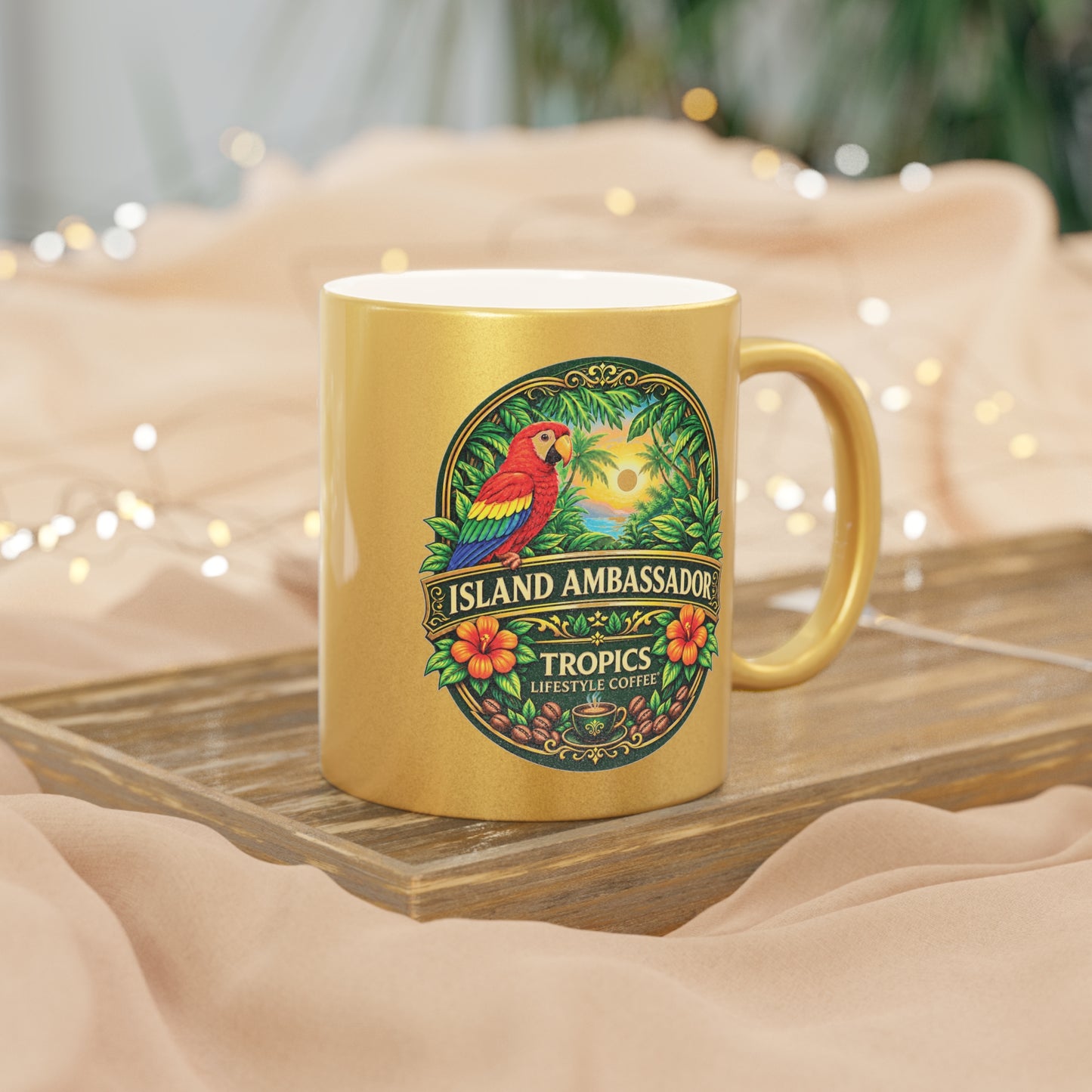 Island Ambassador Metallic Mug — Tropical Parrot Coffee Cup (Silver/Gold)
