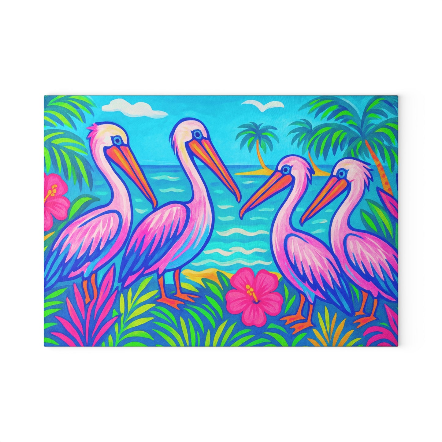Glass Cutting Board, 2 sizes - Beach Pelican Party