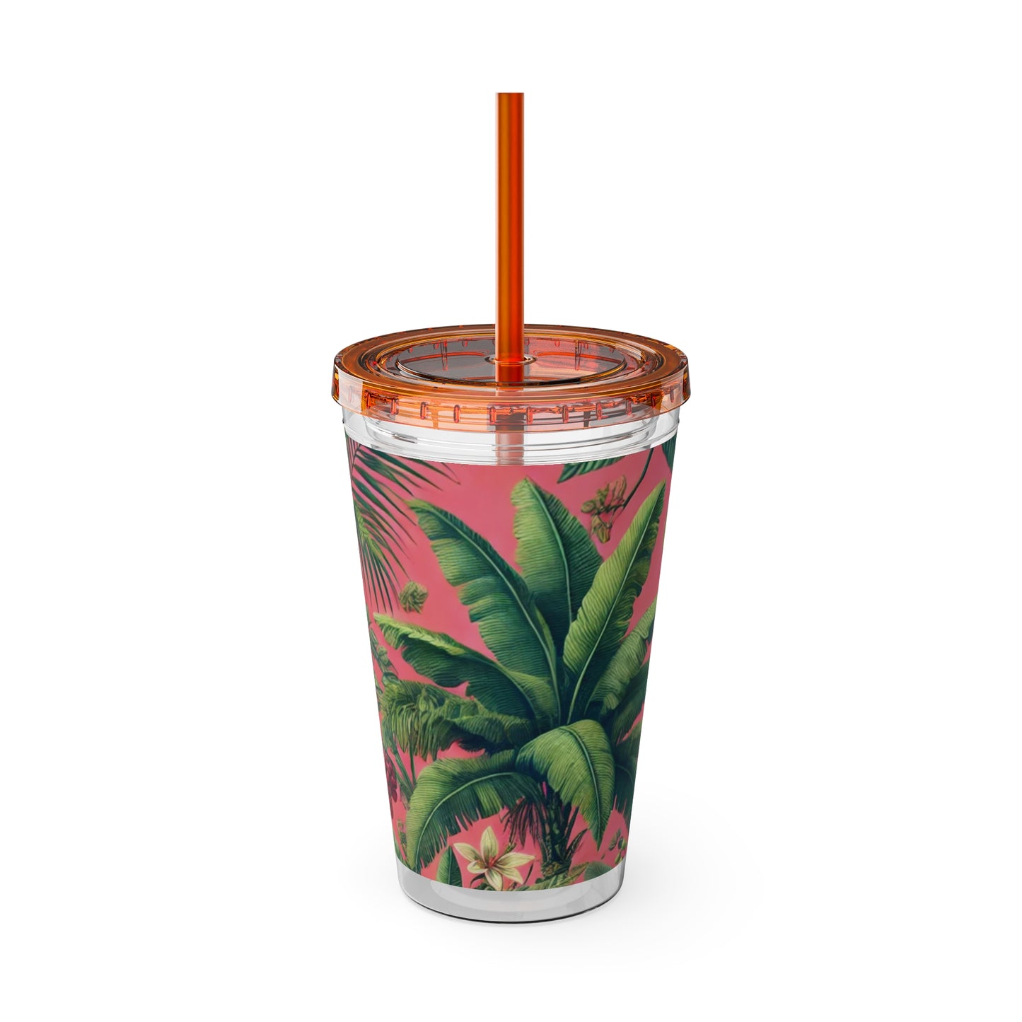 Tropical Tumbler with Straw | 16oz Colorful Travel Cup / More Tropical Fruit, Coral