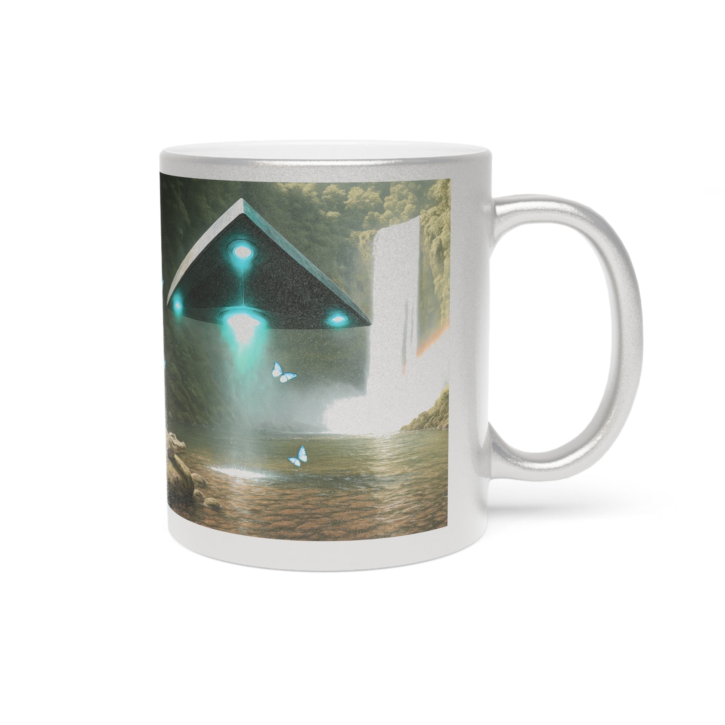 Tropical Metallic Mug, Gold or Silver: UFO & Waterfall