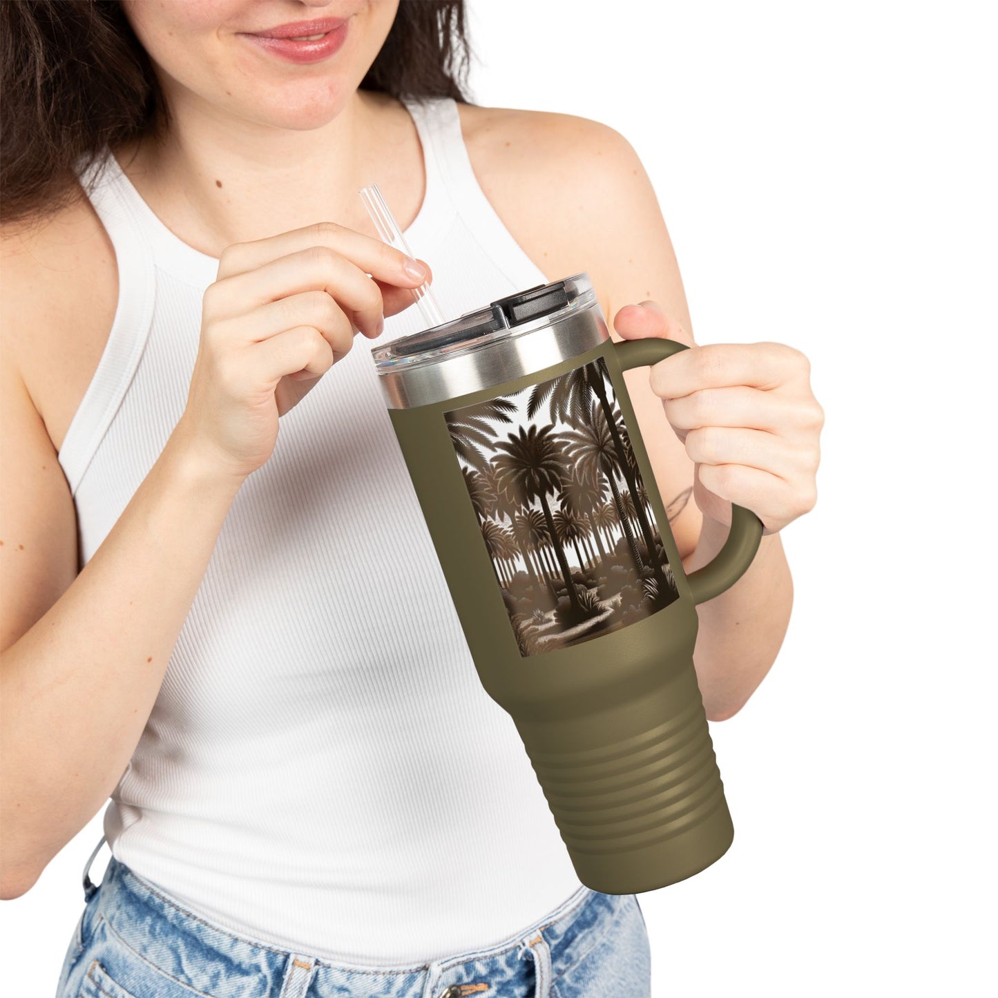 Woodcut Palms Insulated Travel Mug - 40oz - Perfect for Outdoor Adventures
