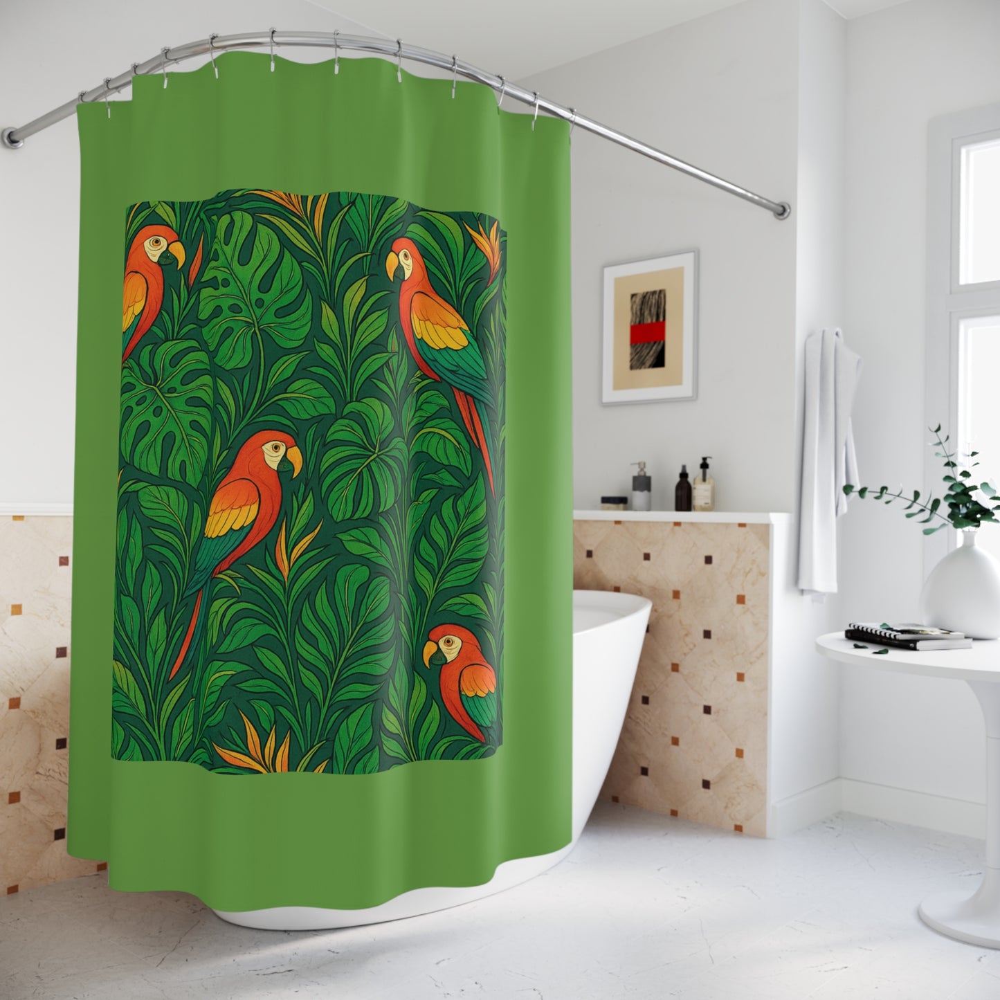 Tropical Shower Curtain - Ocean Bathroom Decor / Parrot Family, Green
