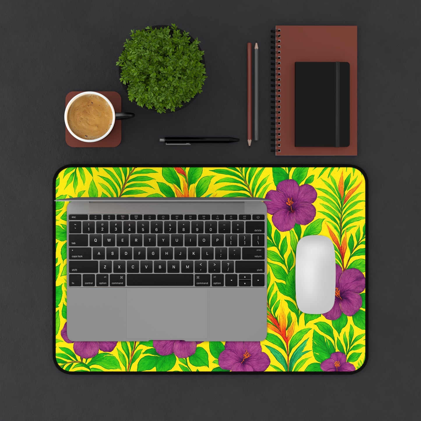 Tropical Mouse Pad/Desk Mat, 3 Sizes - Bright Botanical Design, Perfect for Home Office / Midnight Flower Yellow
