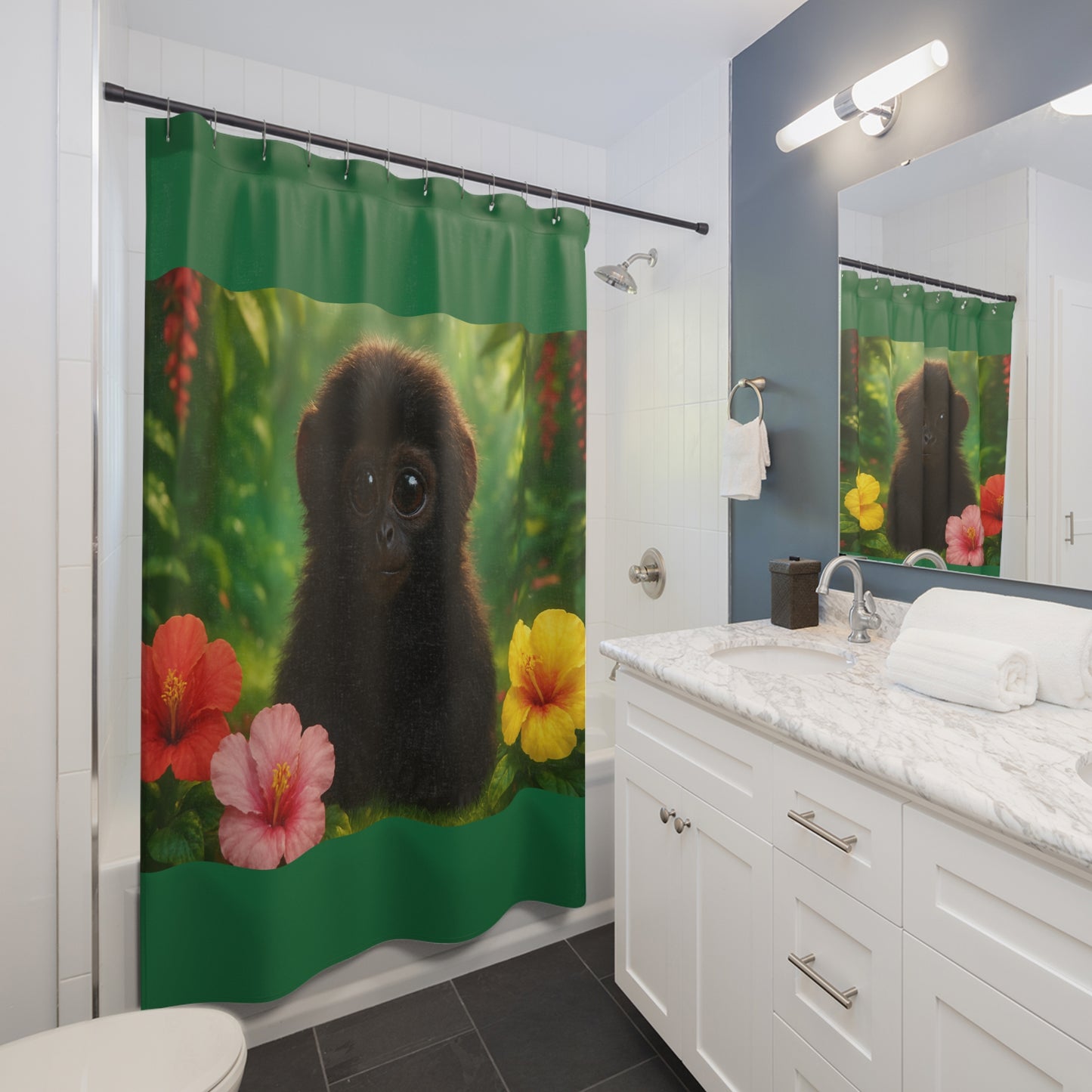 Tropical Shower Curtain - Rainforest Bathroom Decor / Baby Howler Monkey/Dark Green