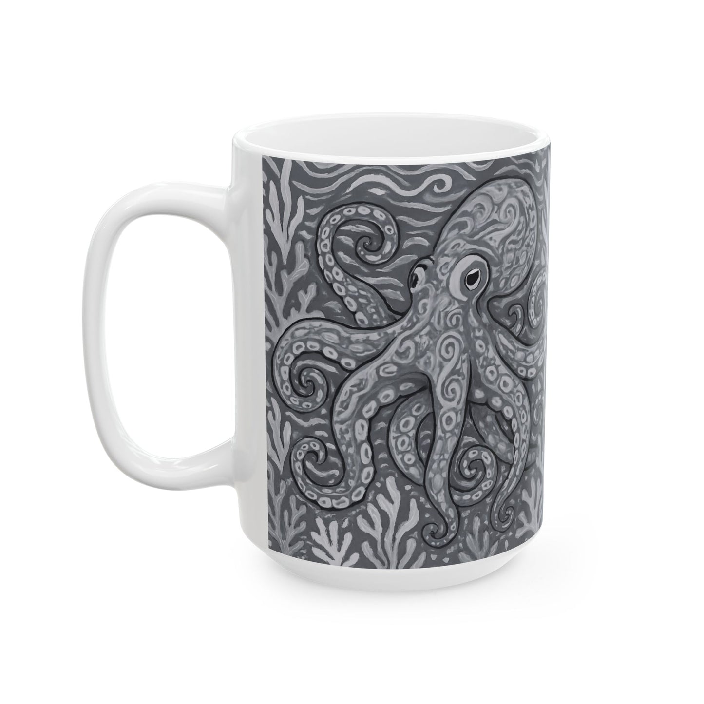 Ceramic White Mug - 11oz & 15oz, Noir Octopus Kraken Joe