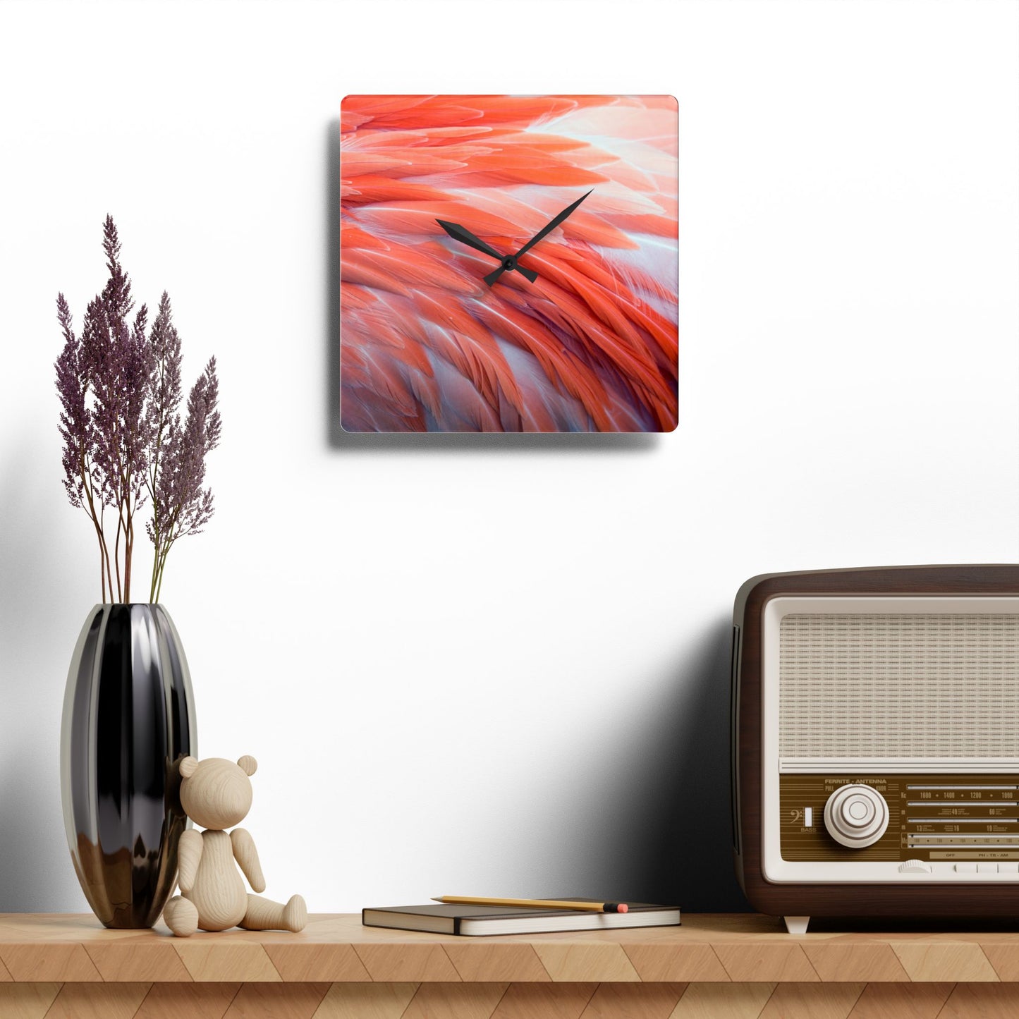 Acrylic Wall Clock, Real Flamingo Feathers