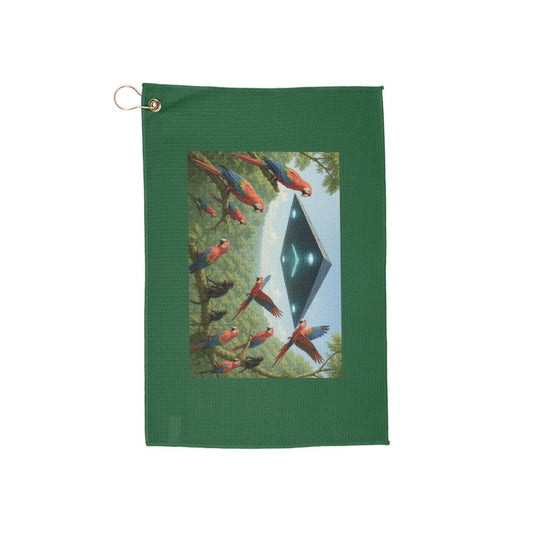 Tropical Golf Towel | Functional Accessory for Golf & Beach Outings / UFO and Macaws