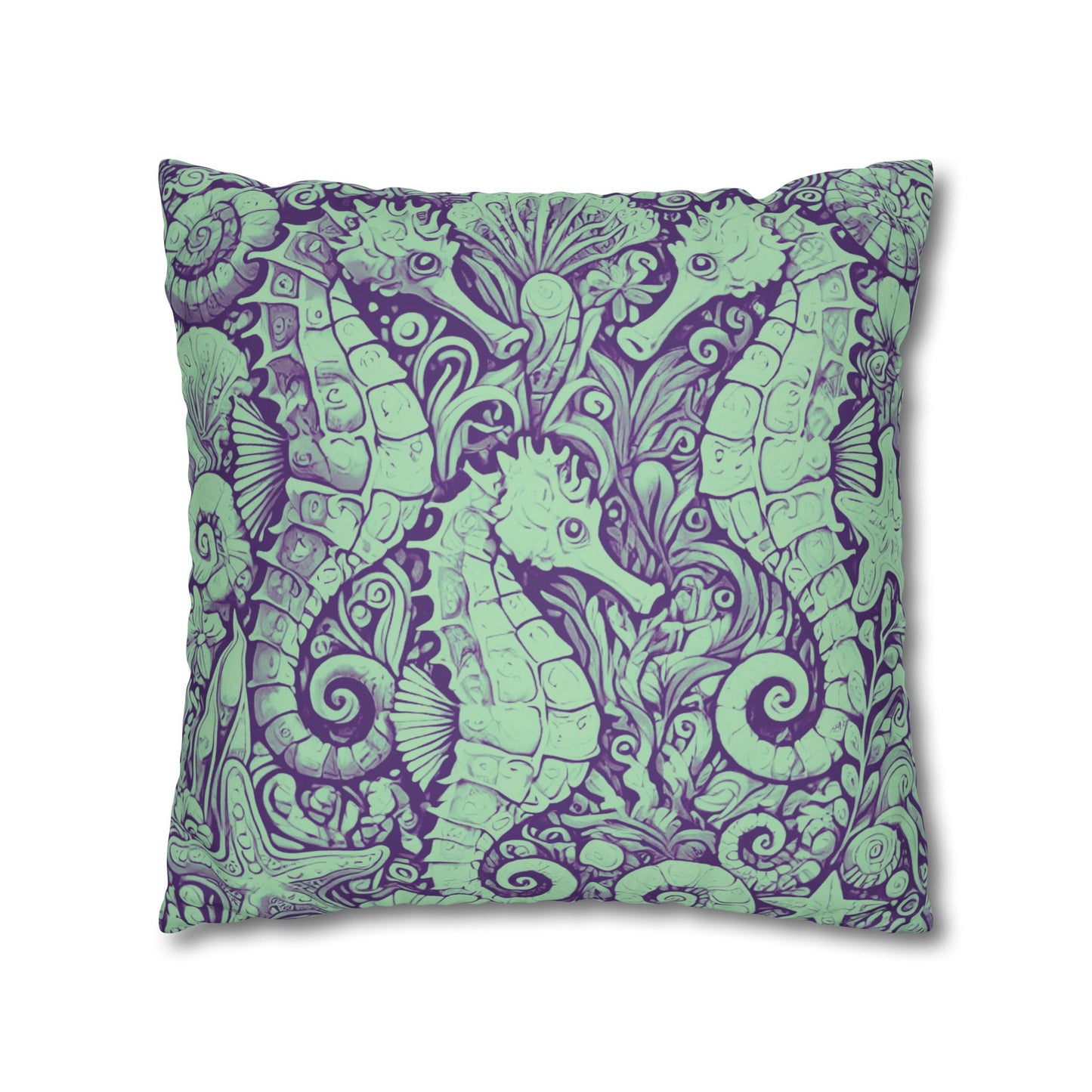 Faux Suede Square Pillowcase - Seahorse Trio, Minty