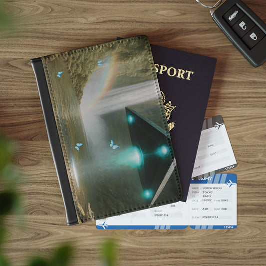 Tropical Passport Cover, Faux Leather - RFID blocking for travel security / UFO and Waterfall
