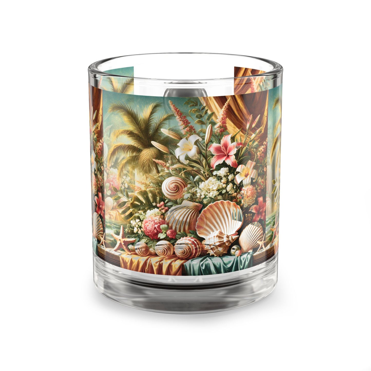 Tropical Glass Mug - 10oz Coffee Cup / Shell and Flower Tablescape