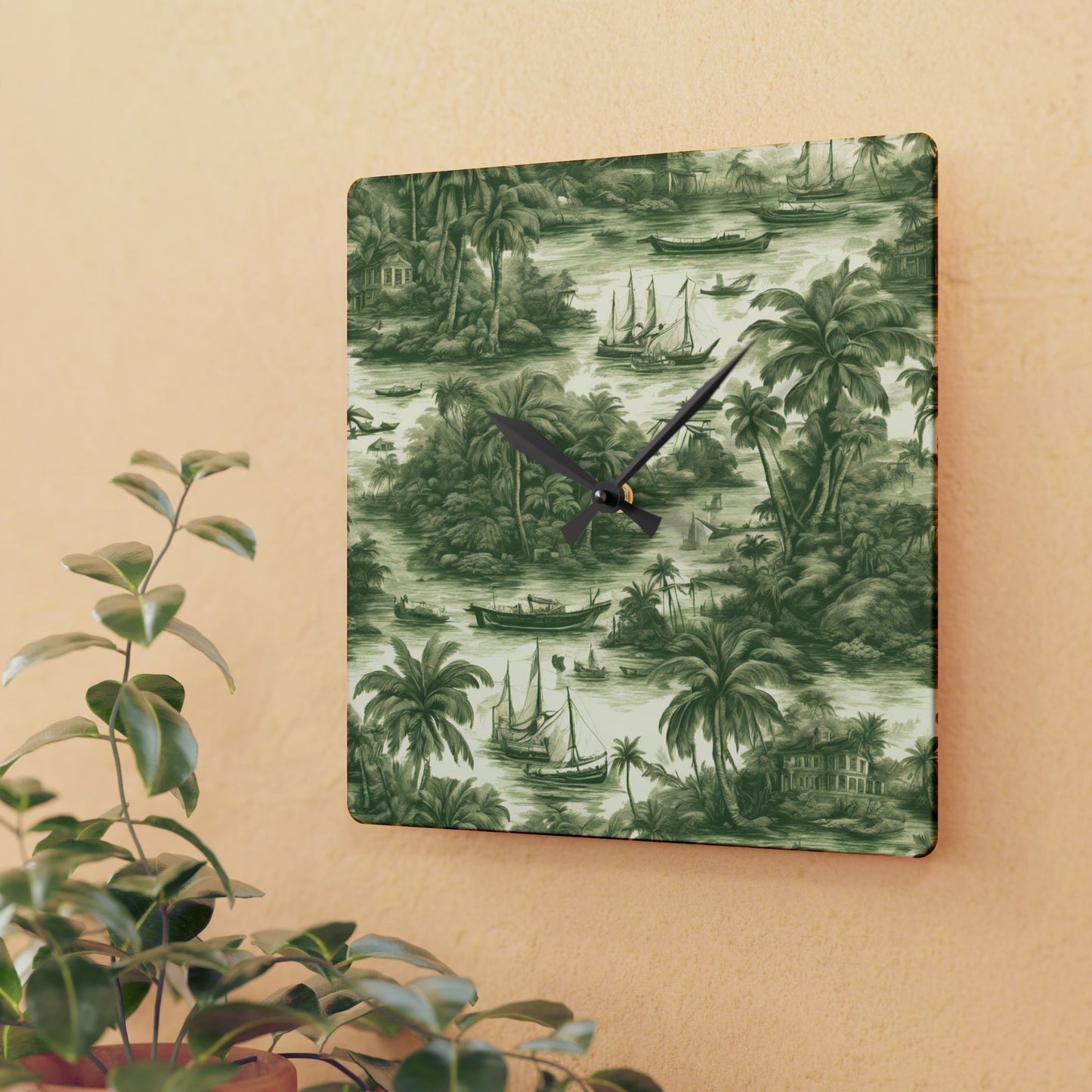 Acrylic Wall Clock, Tropical Toile #1, Green, Various Sizes