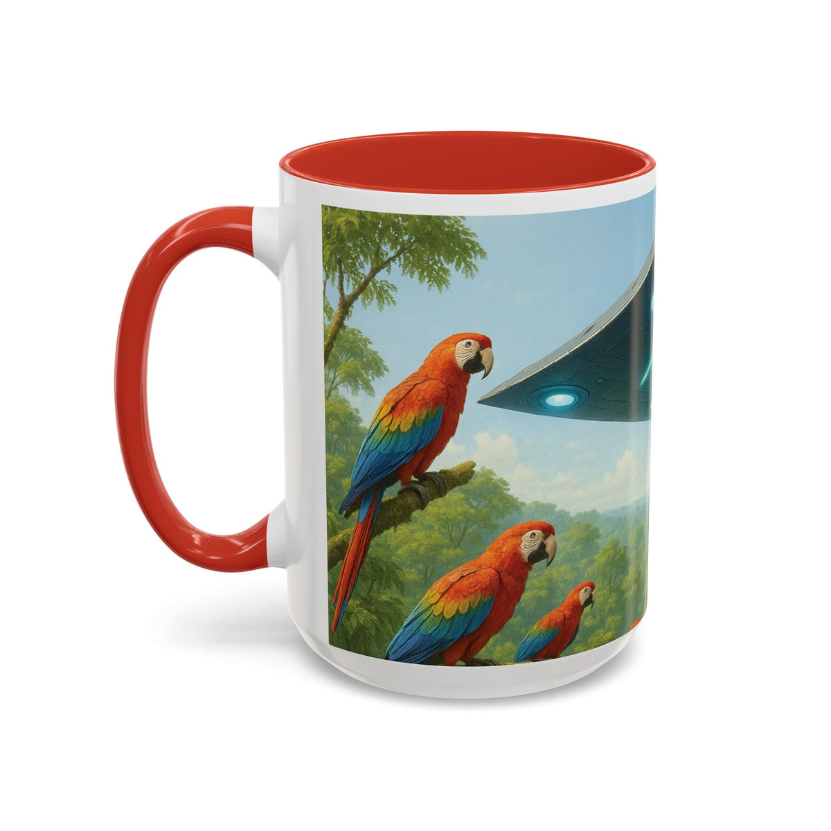 Accent Coffee Mug (11, 15oz), 8 Colors - UFO and Macaws