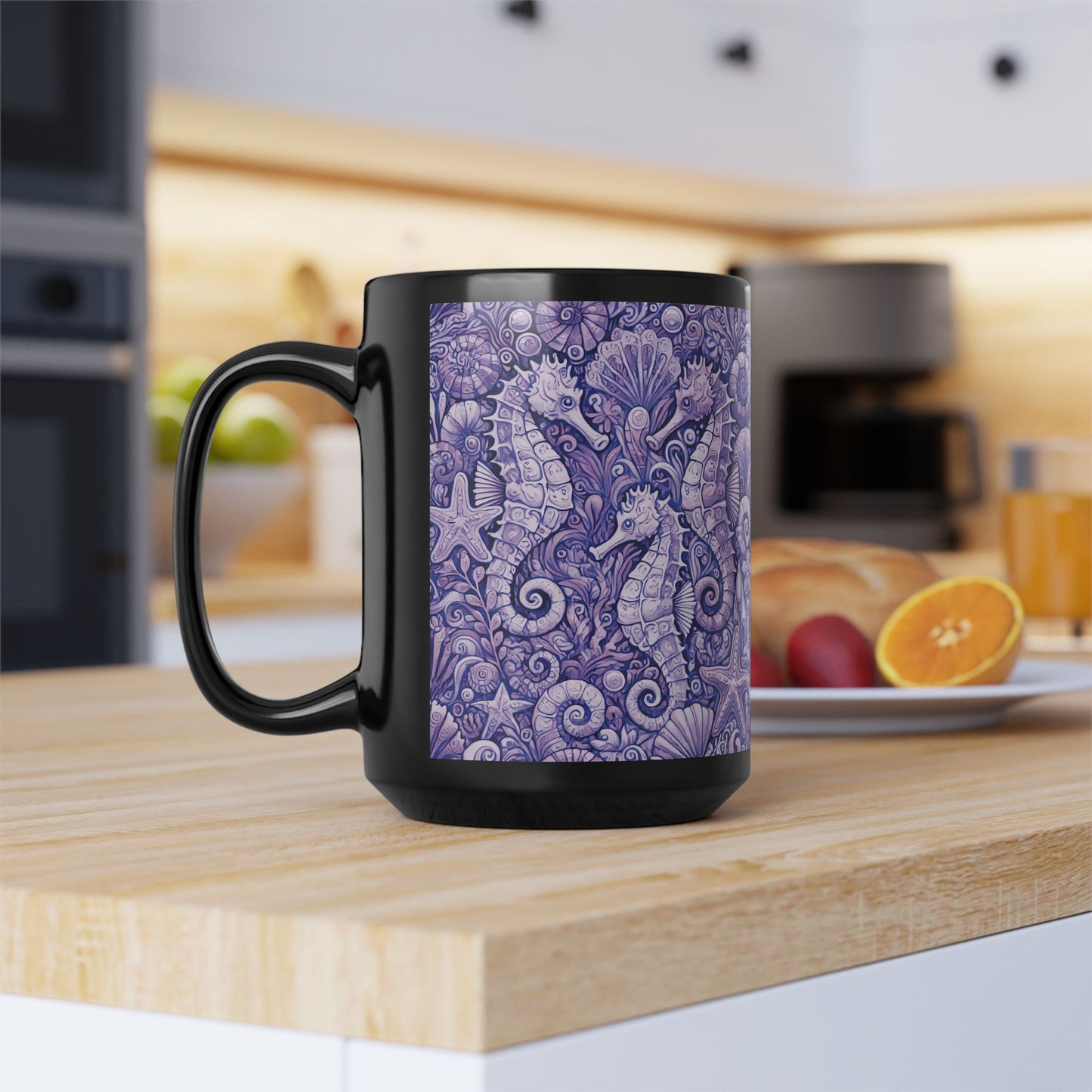 Black Coffee Mug - Seahorse Trio, Purple