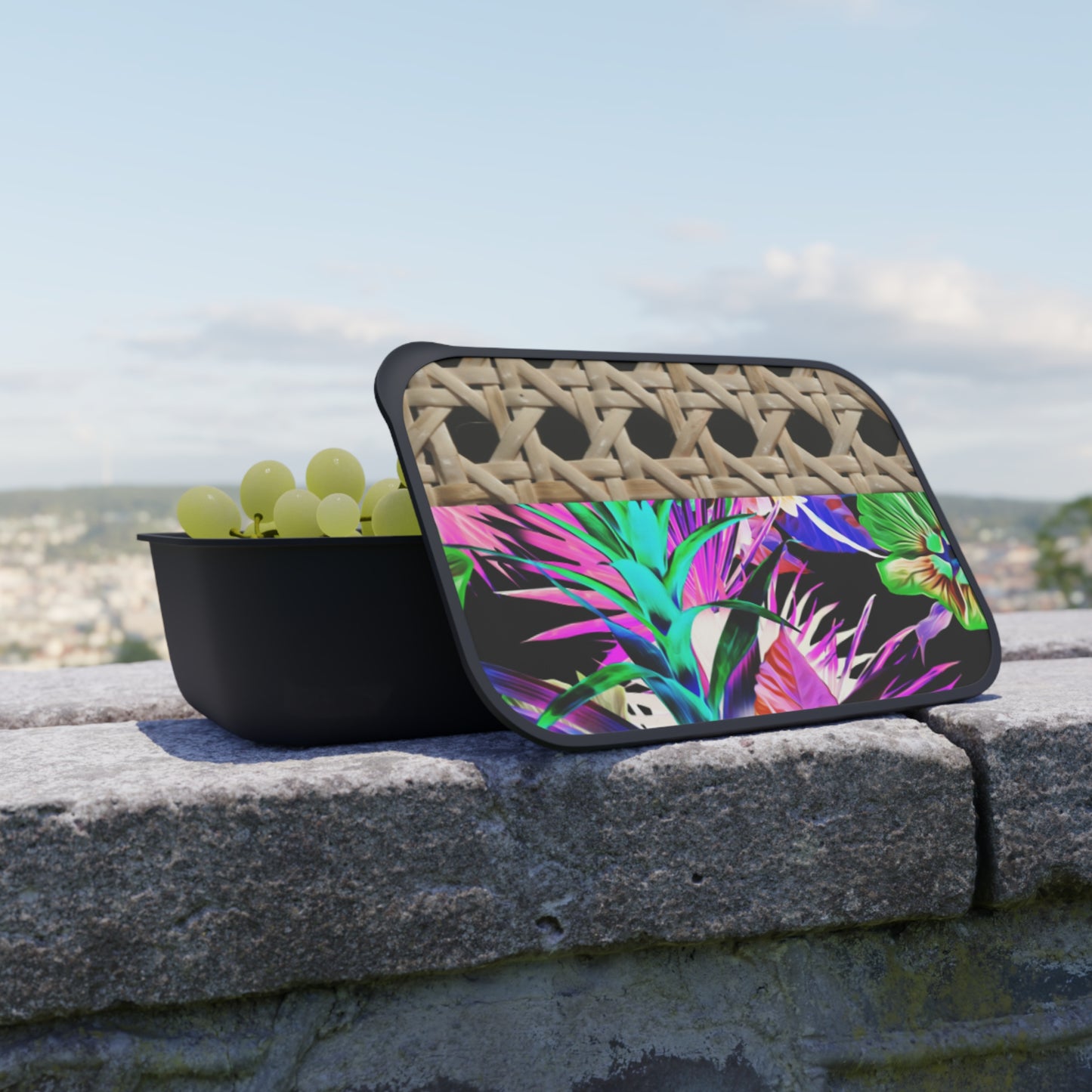 Bento Box with Utensils - Colorful Hawaiian Design, Wicker/Plant Palooza, Black