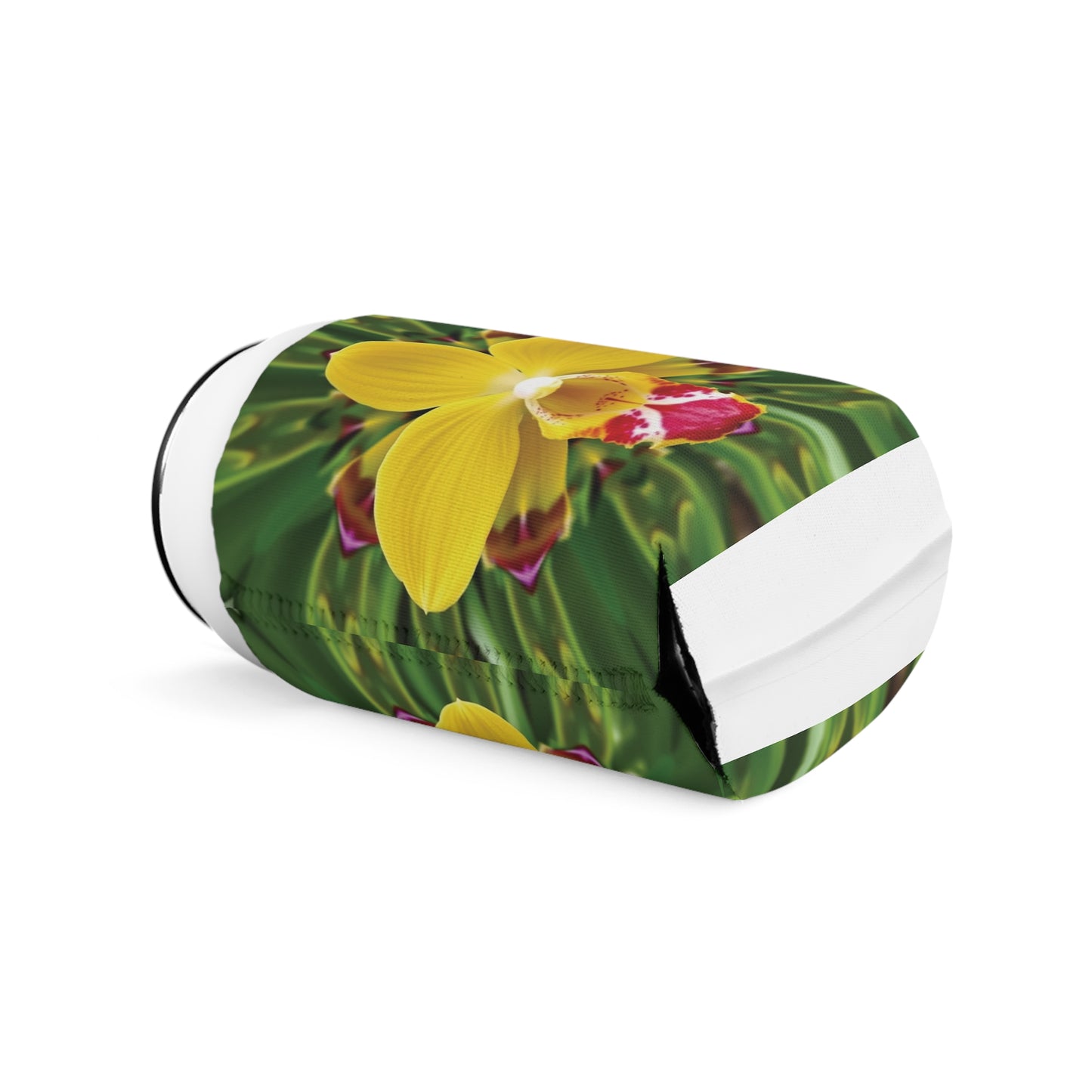 Kaleido Yellow Orchid Can Cooler Sleeve - Perfect for Outdoor Picnics