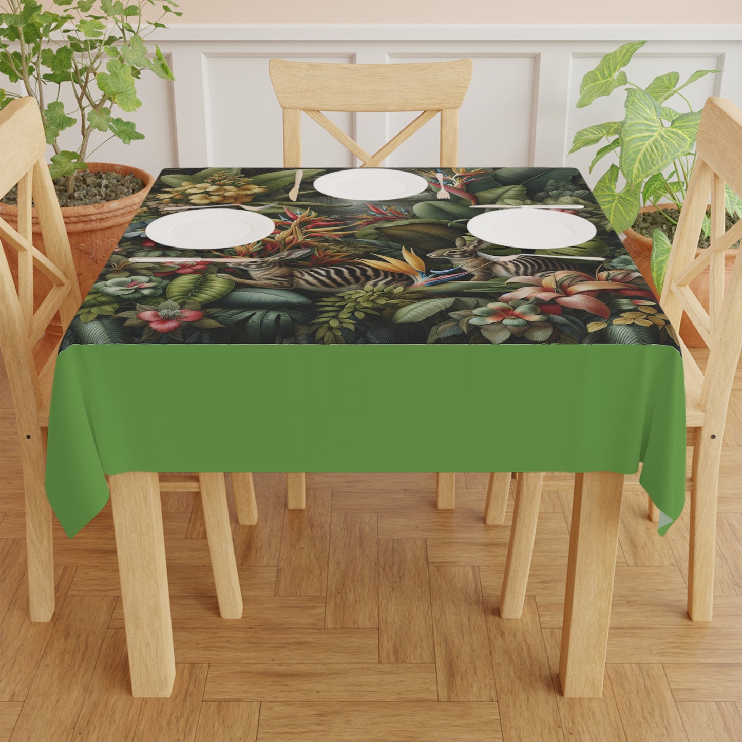 Rainforest Rabbit Outing/Green Tablecloth, 55" x 55"