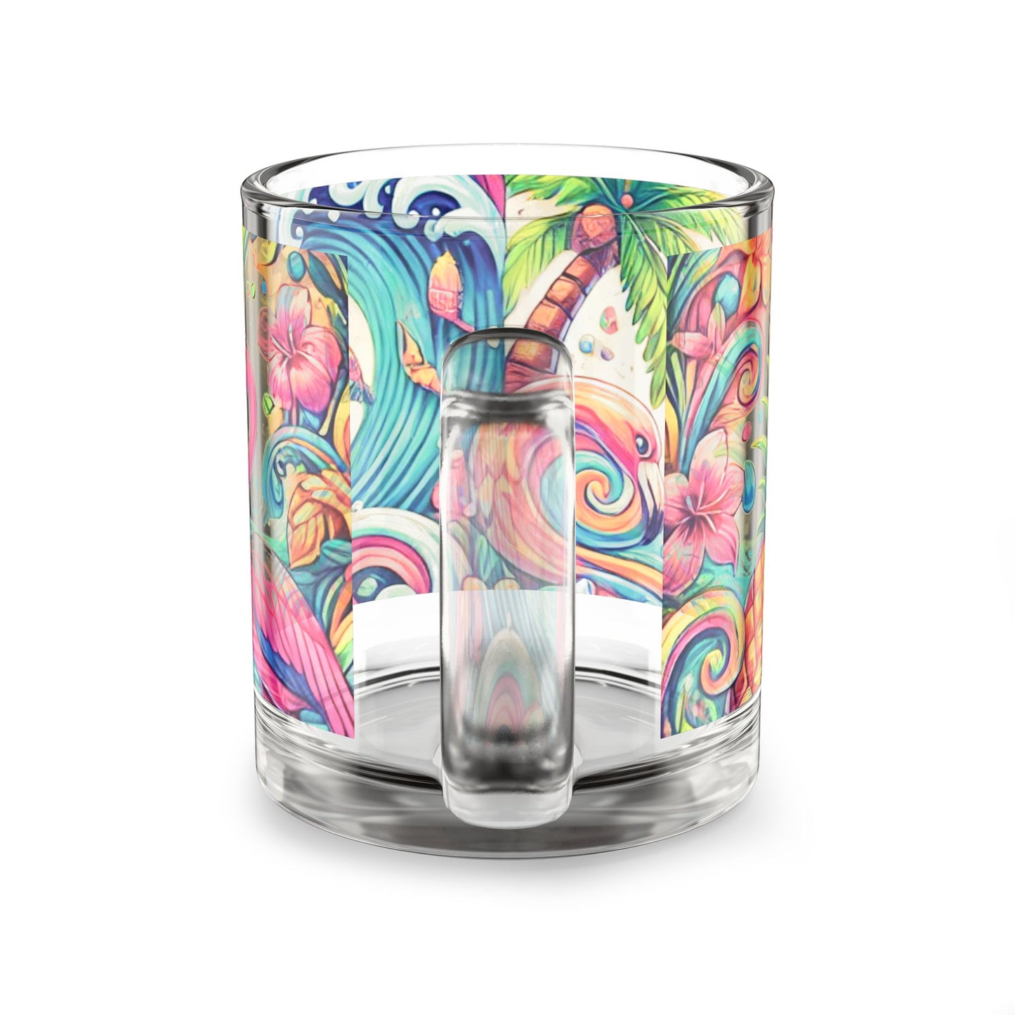 Tropical Glass Mug - 10oz Coffee Cup / Flamingo Waves