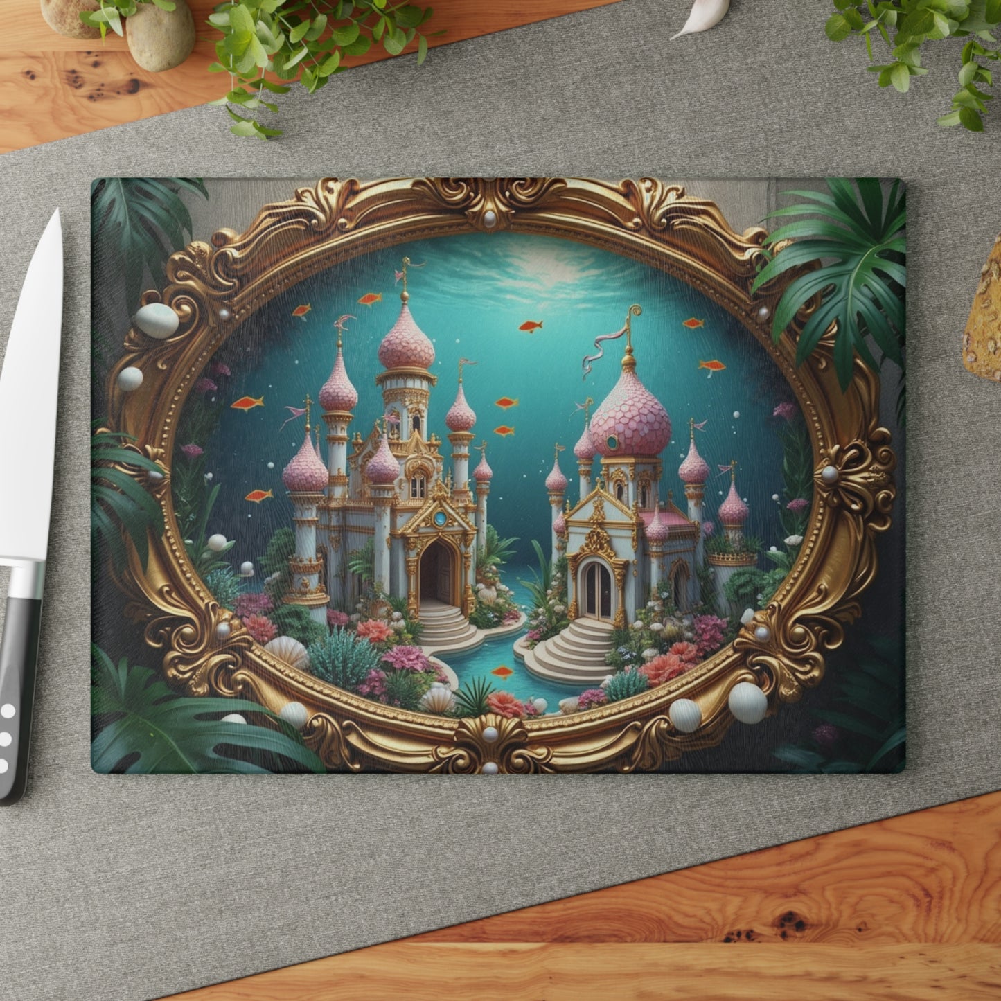 Glass Cutting Board, 2 sizes - Mermaid Palace, Caribbean Sea