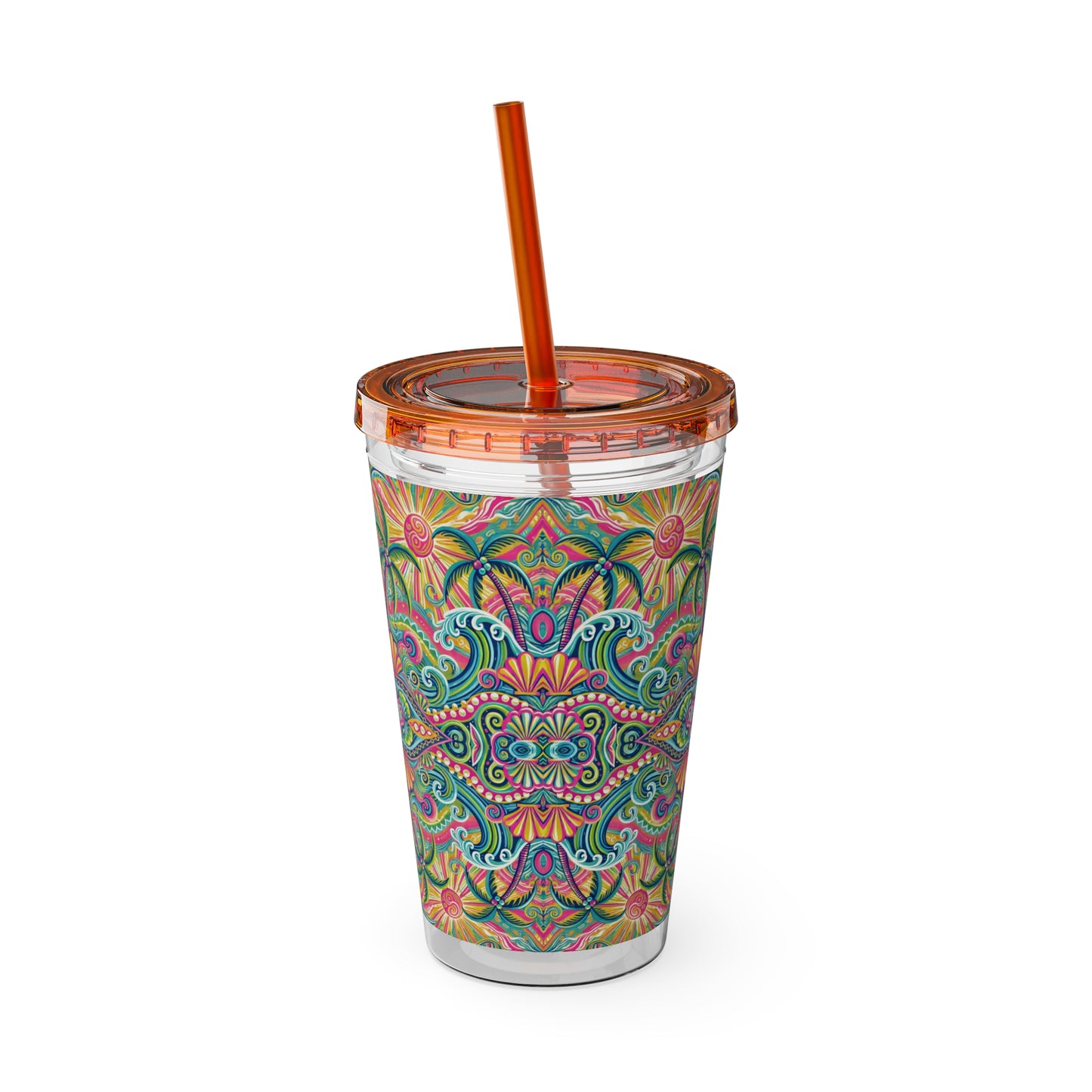 Tropical Tumbler with Straw | 16oz Colorful Travel Cup / Kaleido Bay