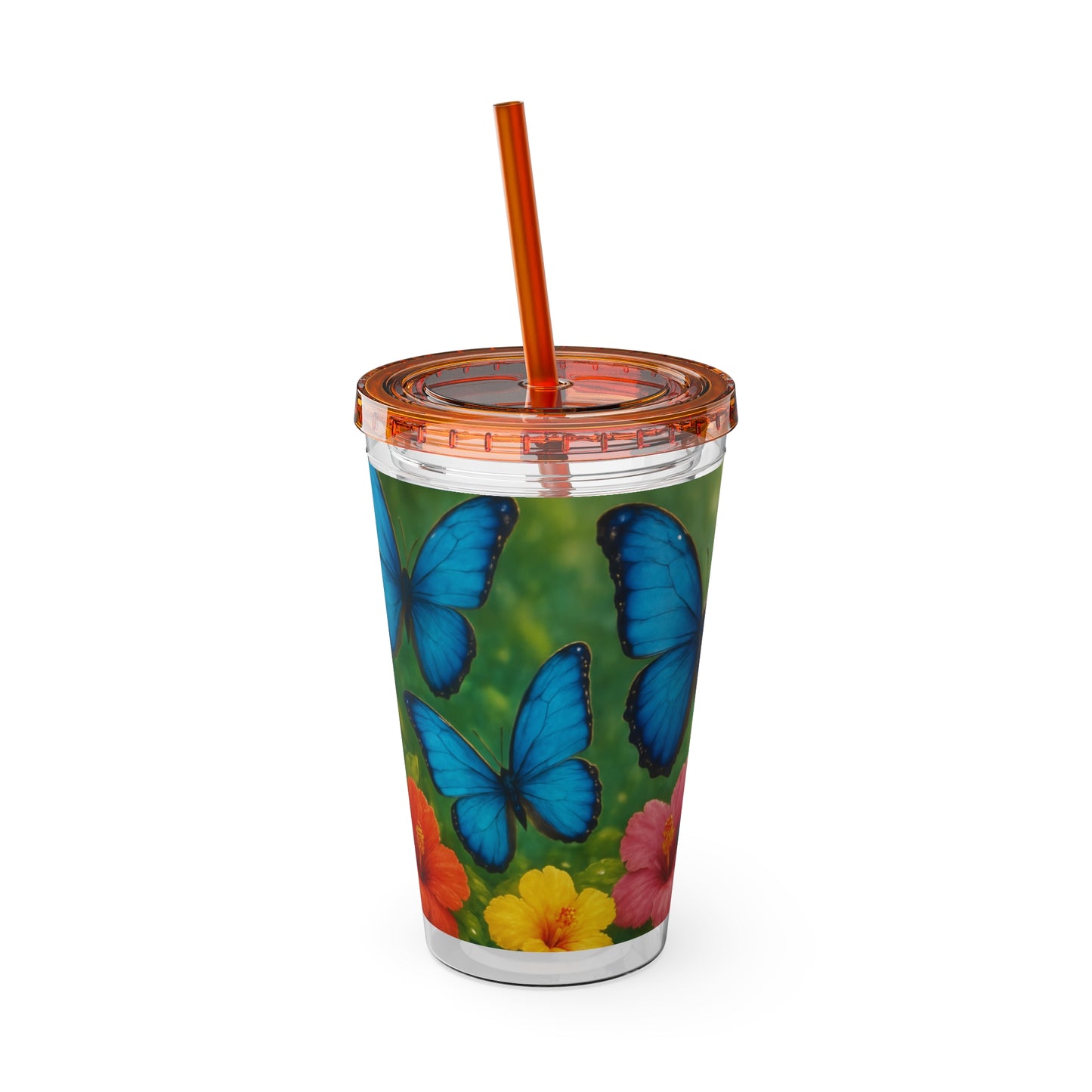 Tropical Tumbler with Straw | 16oz Colorful Travel Cup / Morpho Butterflies Flight