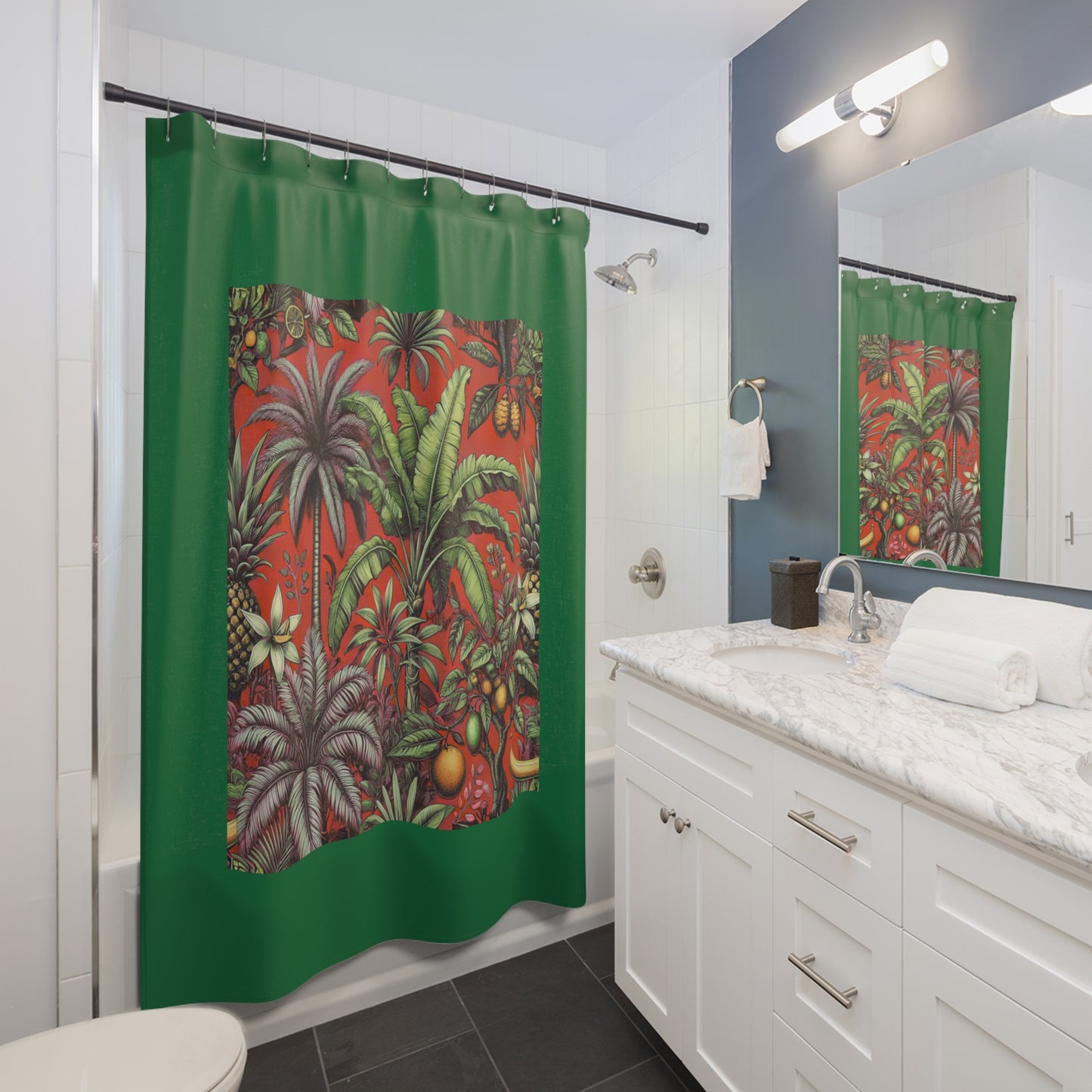 Palm Tree Shower Curtain - Ocean Bathroom Decor / Tropical Fruit/Red, Dark Green