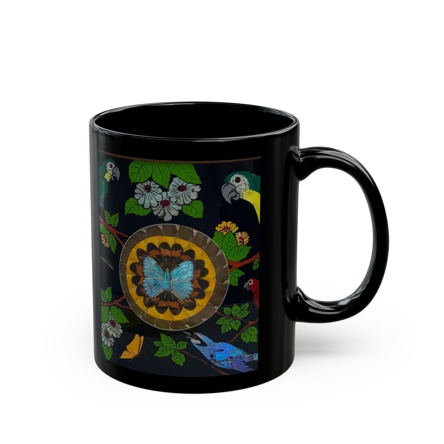 Black Mug (11oz, 15oz), Butterflies & Parrots #1